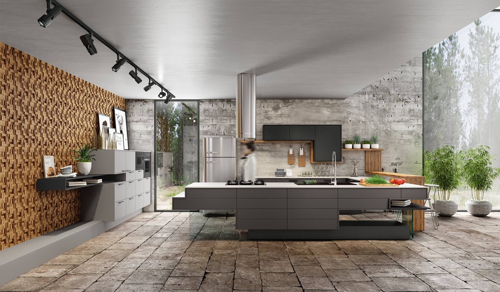 cozinha personalizada - industrial e rústica com ilha e tons de cinza escuro