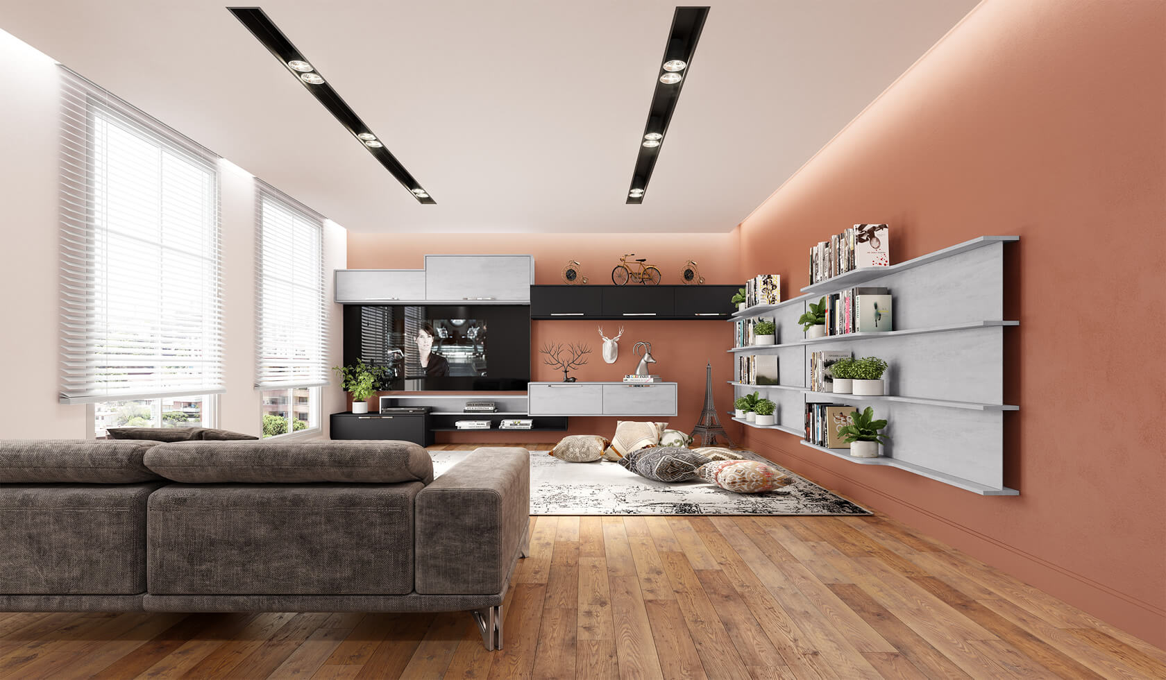 sala de estar moderna e colorida com móveis personalizados