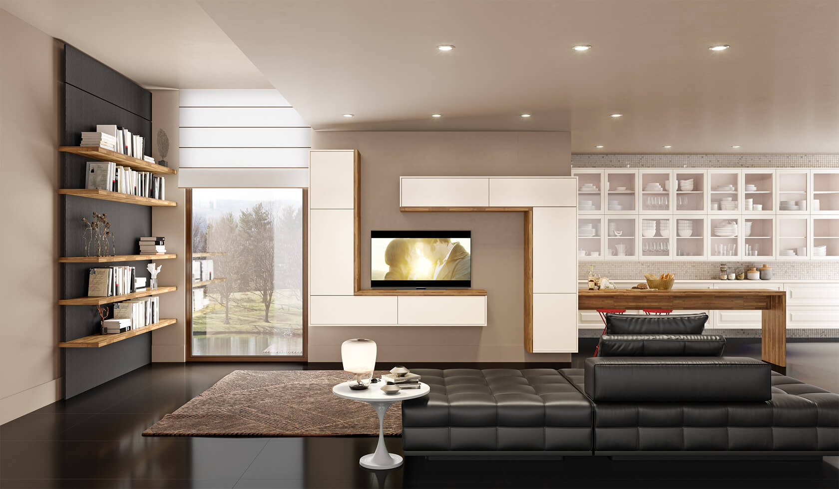 sala de estar estilo tetris simétrica com madeira e integrada a cozinha
