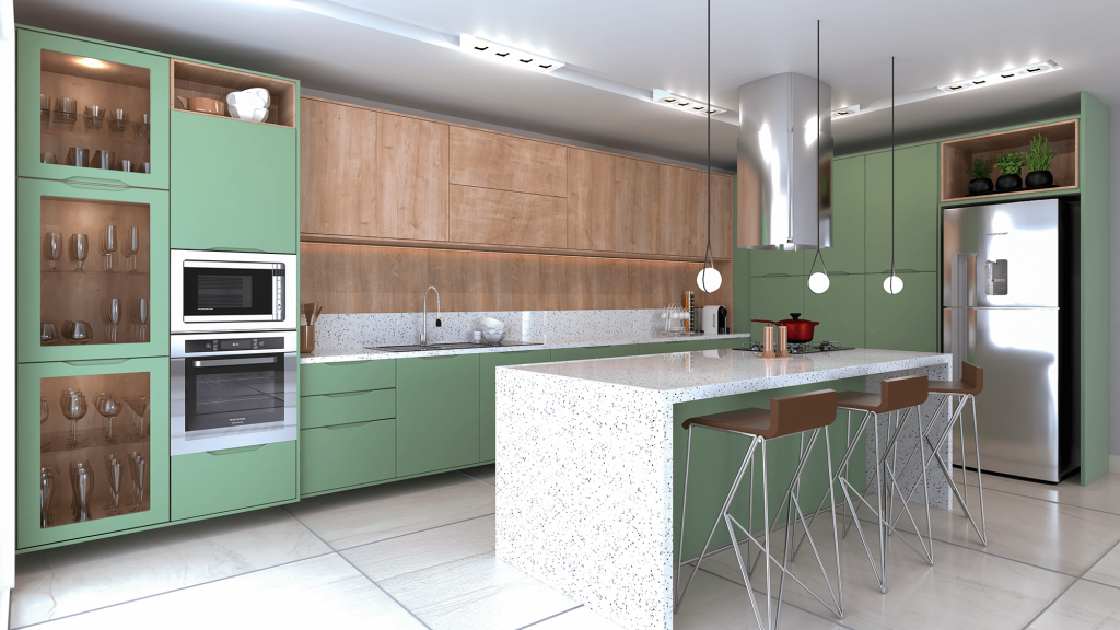lançamentos 2021 - cozinha arrojada e contemporânea personalizada em verde pastel e madeira