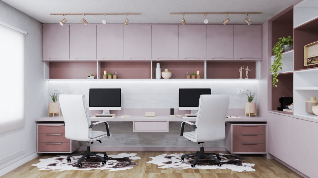 sala de estar planejada e home office integrado em tons de rosa