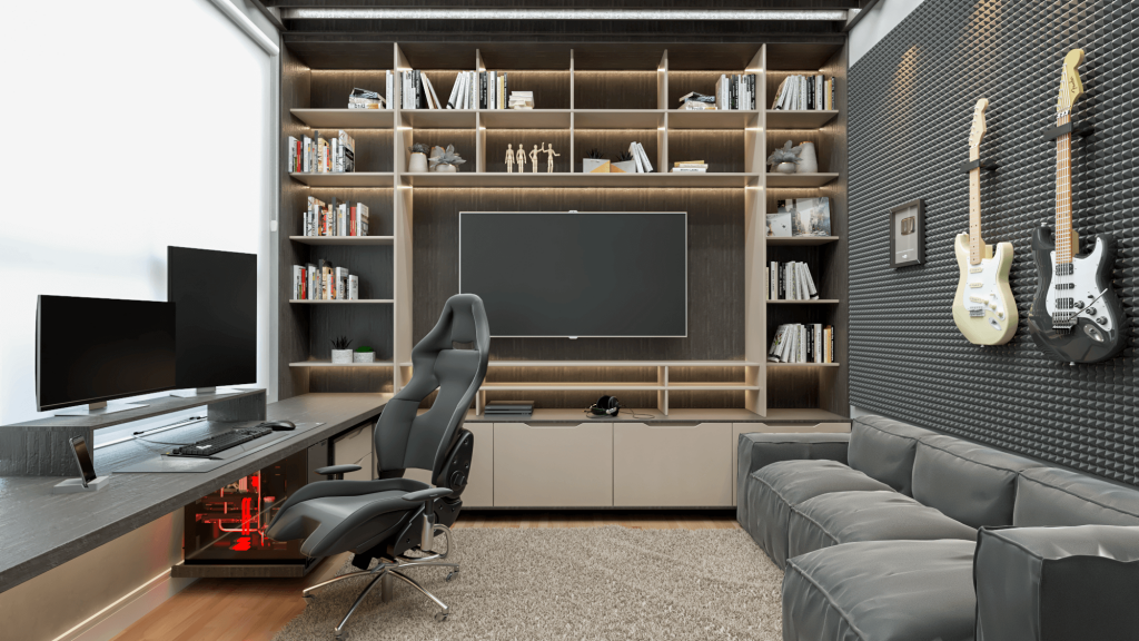 home office tom de bege e madeira escura - office do creator - móveis personalizados