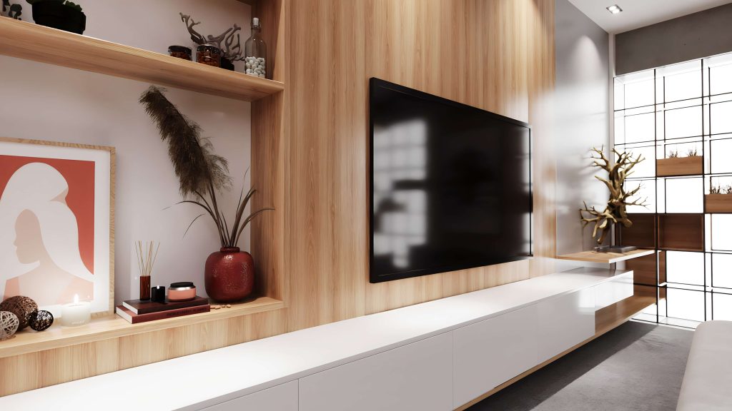 Sala de estar contemporânea madeira clara - moveis planejados para living