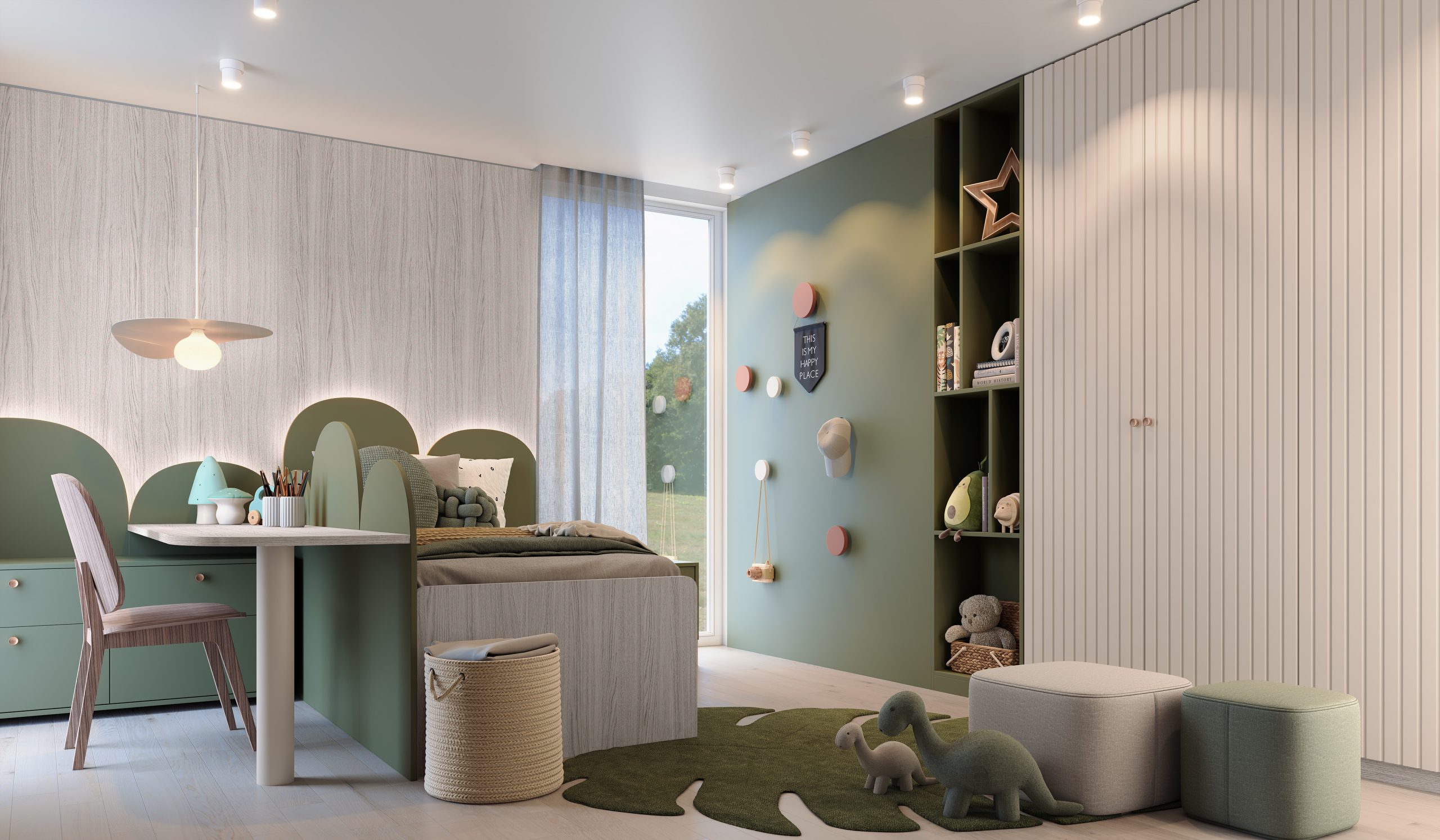 Lançamentos Finger Móveis Planejados - 2024 - Dormitório Infantil Estilo Japandi Minimalista com cores claras - verde com madeira clara