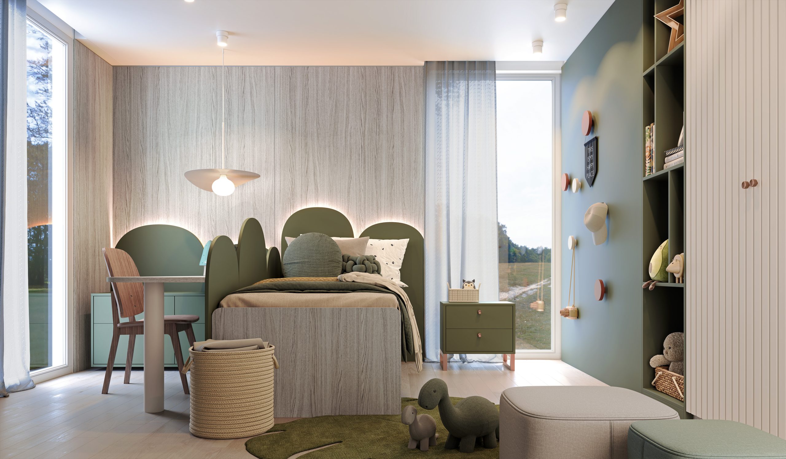 Lançamentos Finger Móveis Planejados - 2024 - Dormitório Infantil Estilo Japandi Minimalista com cores claras - verde com madeira clara