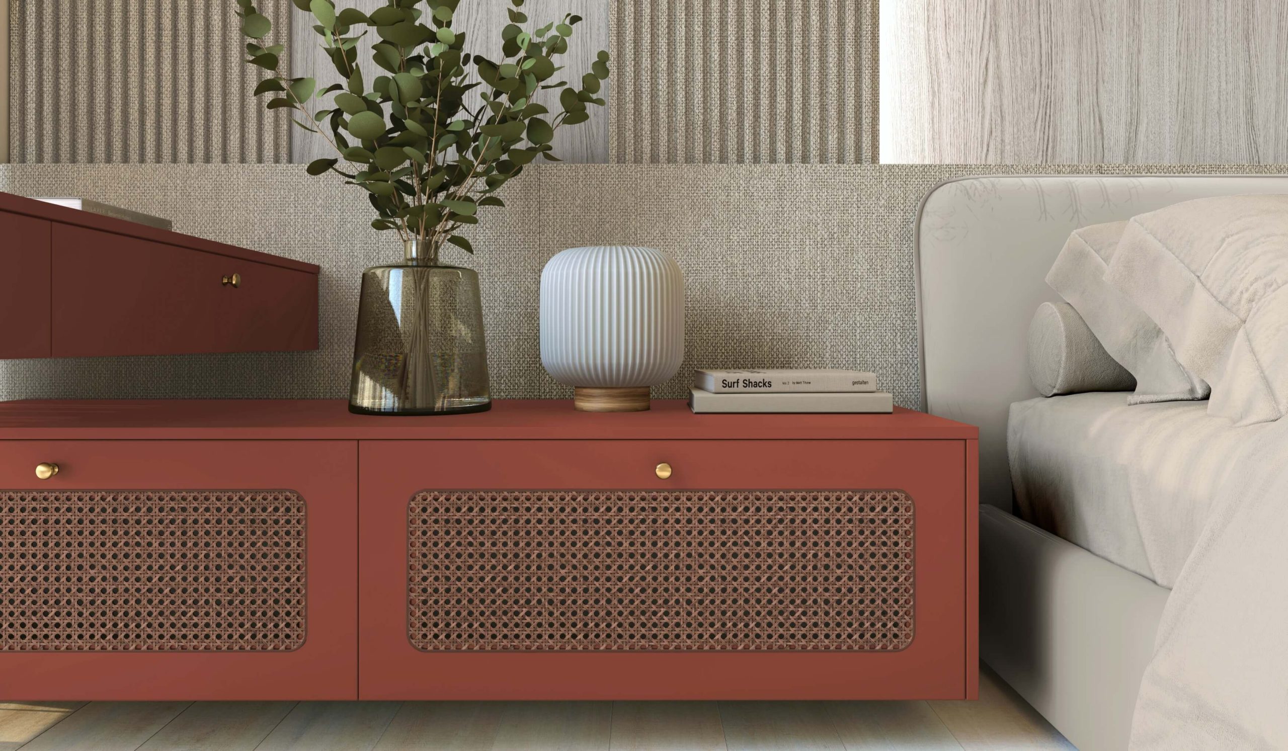 Lançamentos Finger Móveis Planejados - 2024 - Dormitório Casal Estilo Japandi Minimalista com cores claras