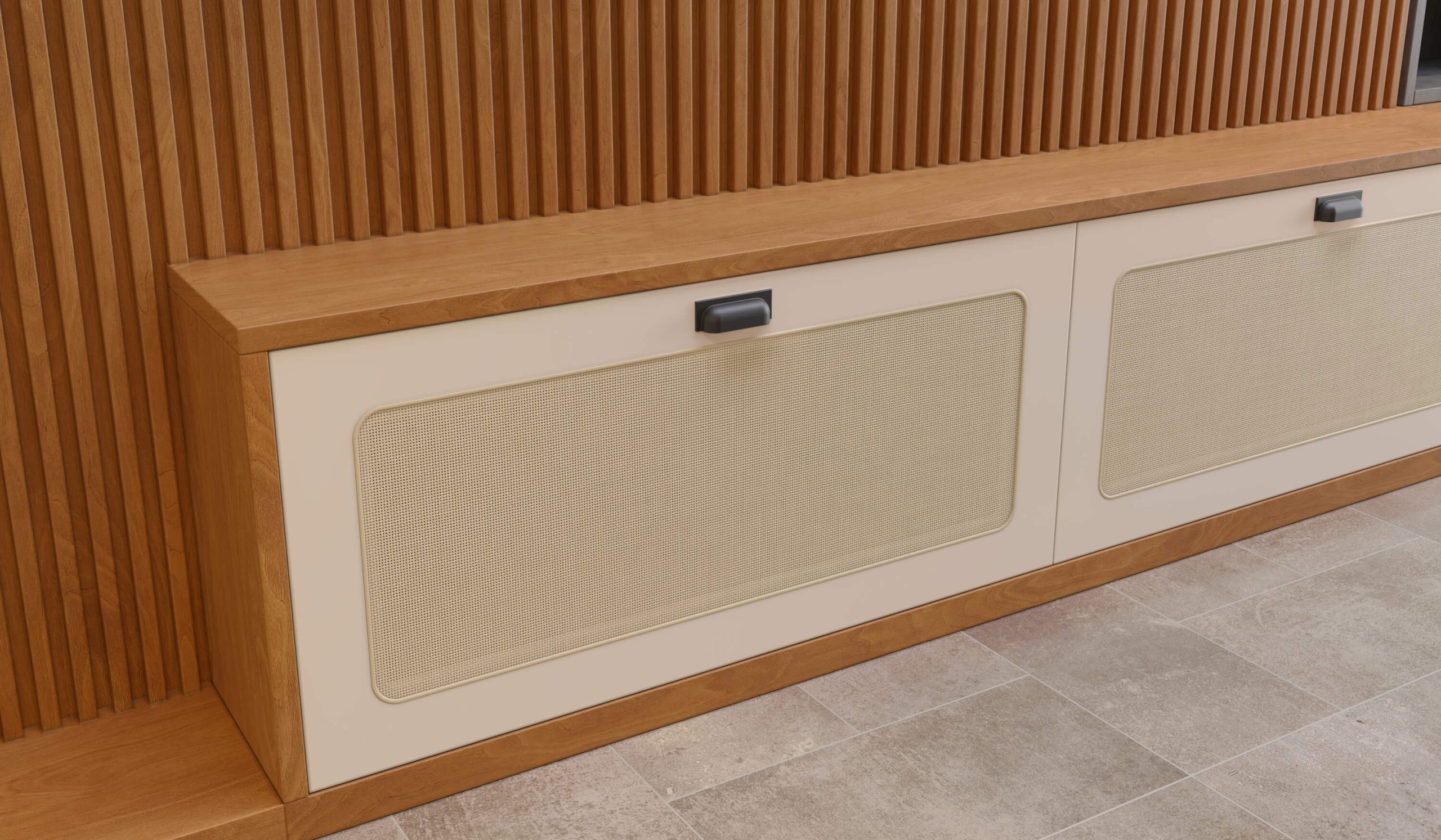 Lançamentos Finger Móveis Planejados - 2024 - Sala de estar - living - Estilo Japandi - ripado, porta palha, madeira com cinza chumbo metalizado
