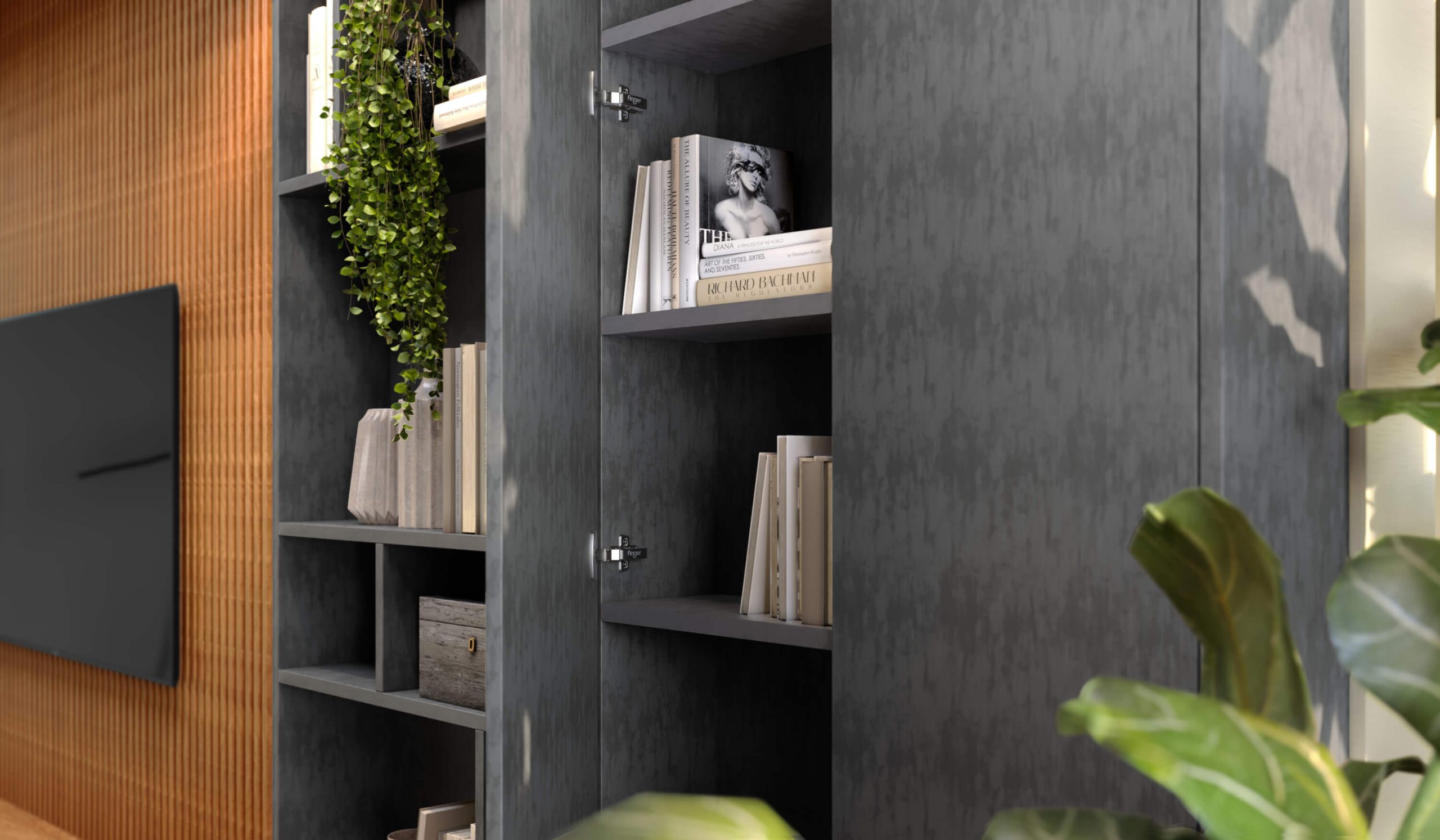 Lançamentos Finger Móveis Planejados - 2024 - Sala de estar - living - Estilo Japandi - ripado, porta palha, madeira com cinza chumbo metalizado - Dobradiça Hettich