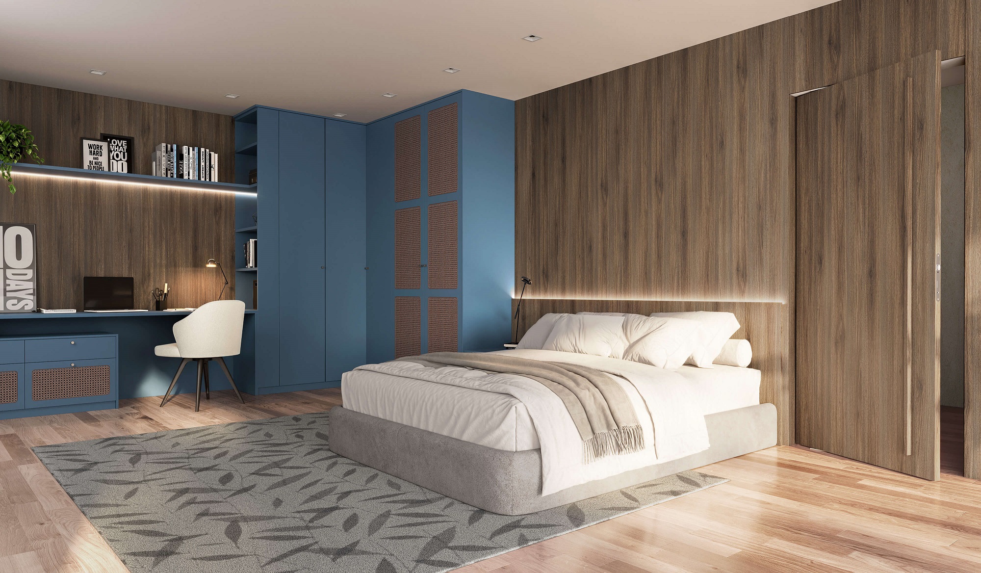 Dormitório Jovem com office - porta palha - Coleção Soul - porta pivotante mimetizada