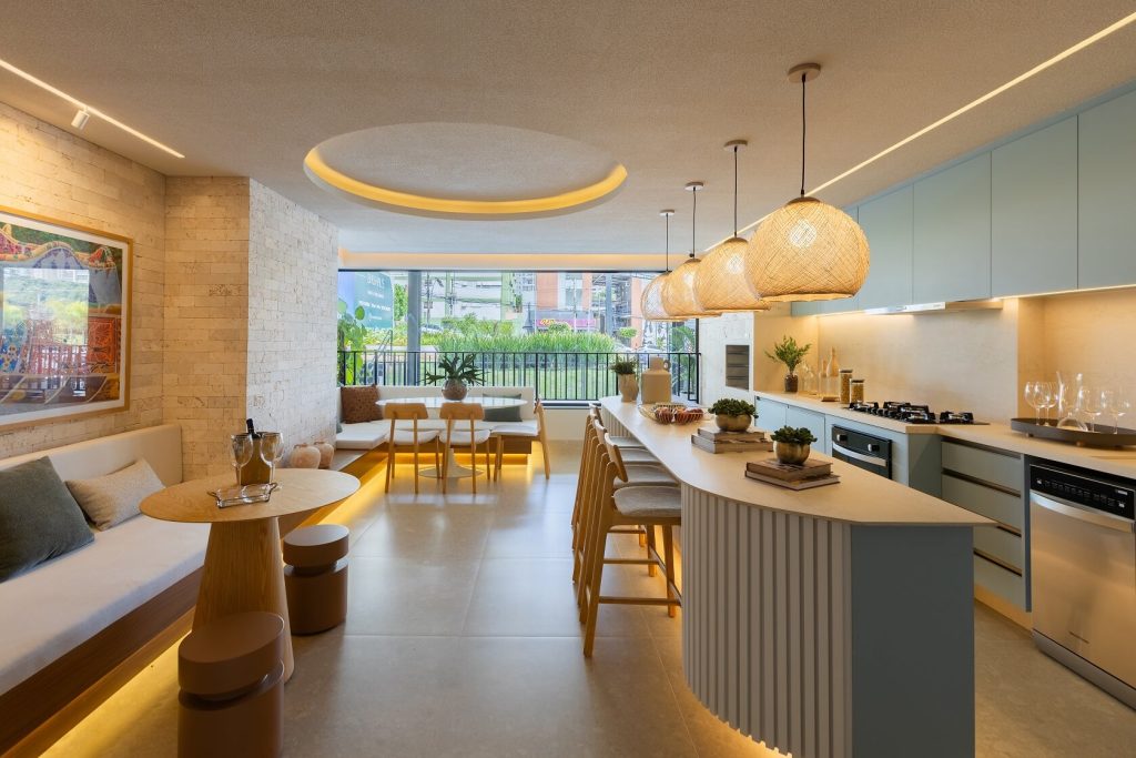 cozinha com ilha tom pastel azul, móvel Kurve - painel orgânico - projetos inteligentes de arquitetura