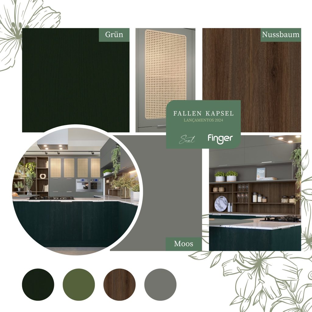 paleta de cores - tons de verde e cinza - moodboard Finger -Cinza + Madeira + Verde escuro