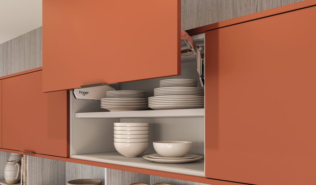 cozinha com ilha Finger - terracota - keramik e eiche - linhas orgânicas - sistema de elevação - hafele