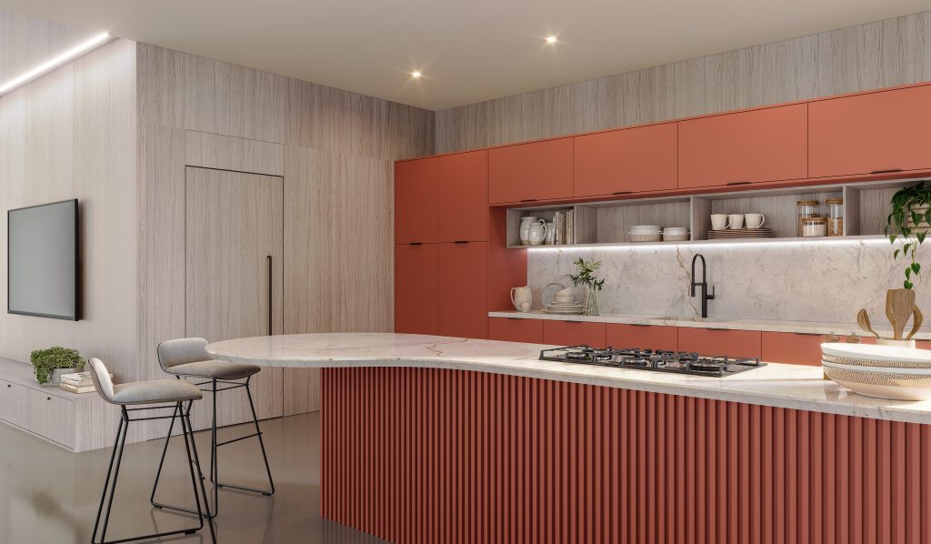 cozinha com ilha Finger - terracota - keramik e eiche - linhas orgânicas -Tendências de cozinha para 2025