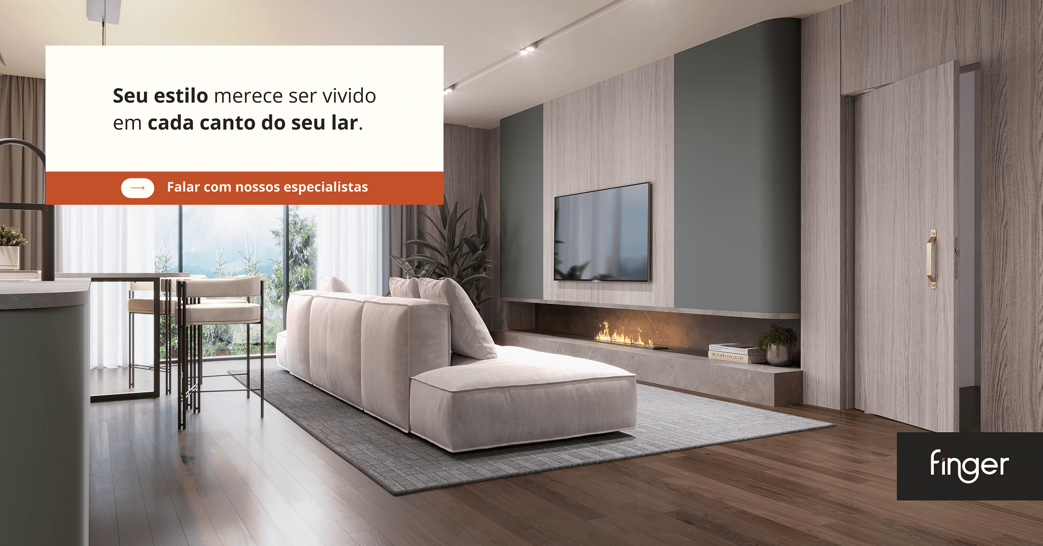 Sua casa merece móveis que traduzem quem você é por inteiro. Fazer orçamento de móveis planejados - ambientes personalizados - Finger. Sala de estar - Living Integrado com cozinha de Alto Padrão. Especialista de móveis planejados.