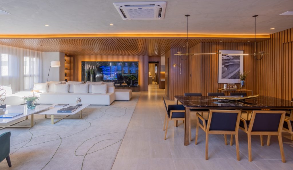 móveis planejados para Living Vaga Brava - Projeto Natália Veloso Arquitetura - Execução Finger Goias - Fotos Play Motioon. Detalhes ripados na parte e no teto