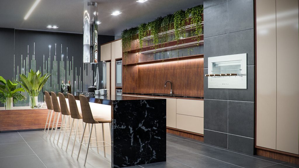 Espaço gourmet com bancada imponente em mármore escuro com veios brancos, acompanhada de banquetas altas sob uma coifa cilíndrica de inox. Tons Ritzel e Dort