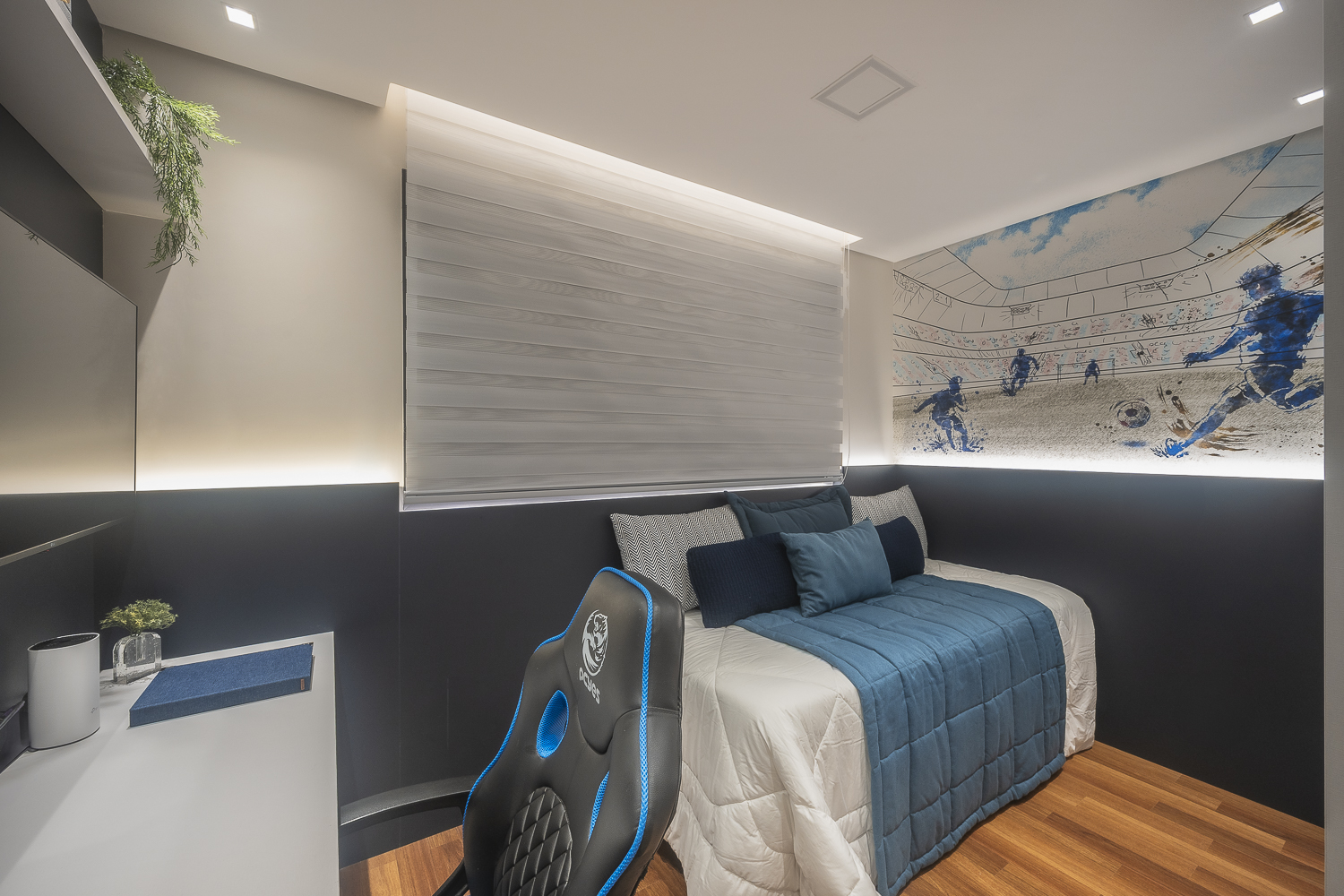 dormitório jovem tom azul escuro - quarto masculino - planejado cama solteiro e mesa gamer