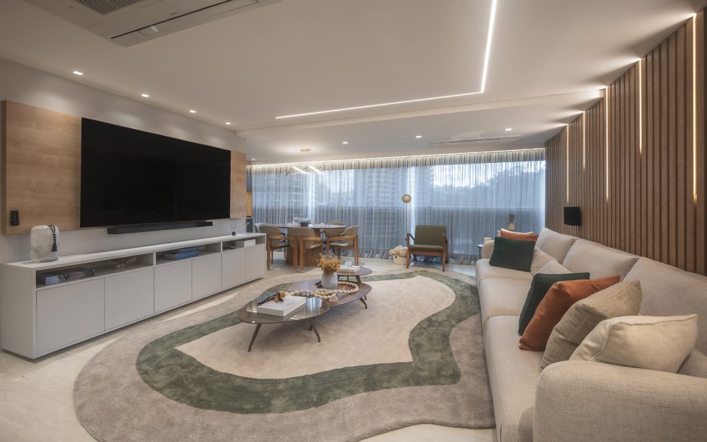 Living integrado - ambientes personalizados de alto padrão, com ripado e iluminação - adega integrada