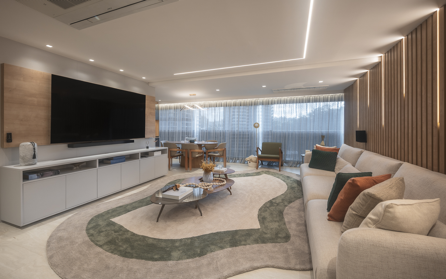 Living integrado - ambientes personalizados de alto padrão, com ripado e iluminação - adega integrada