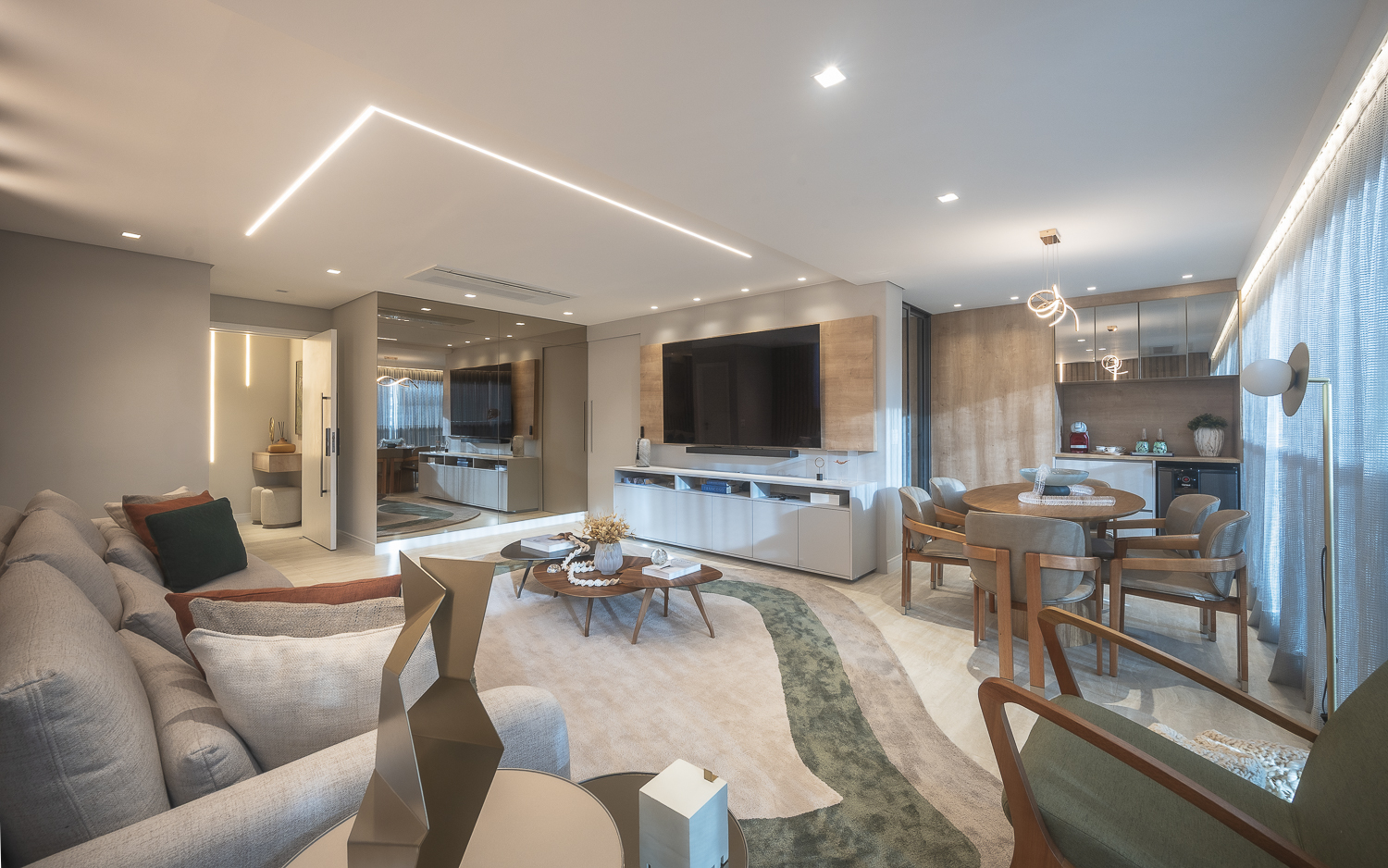 Living integrado - ambientes personalizados de alto padrão, com ripado e iluminação - adega integrada