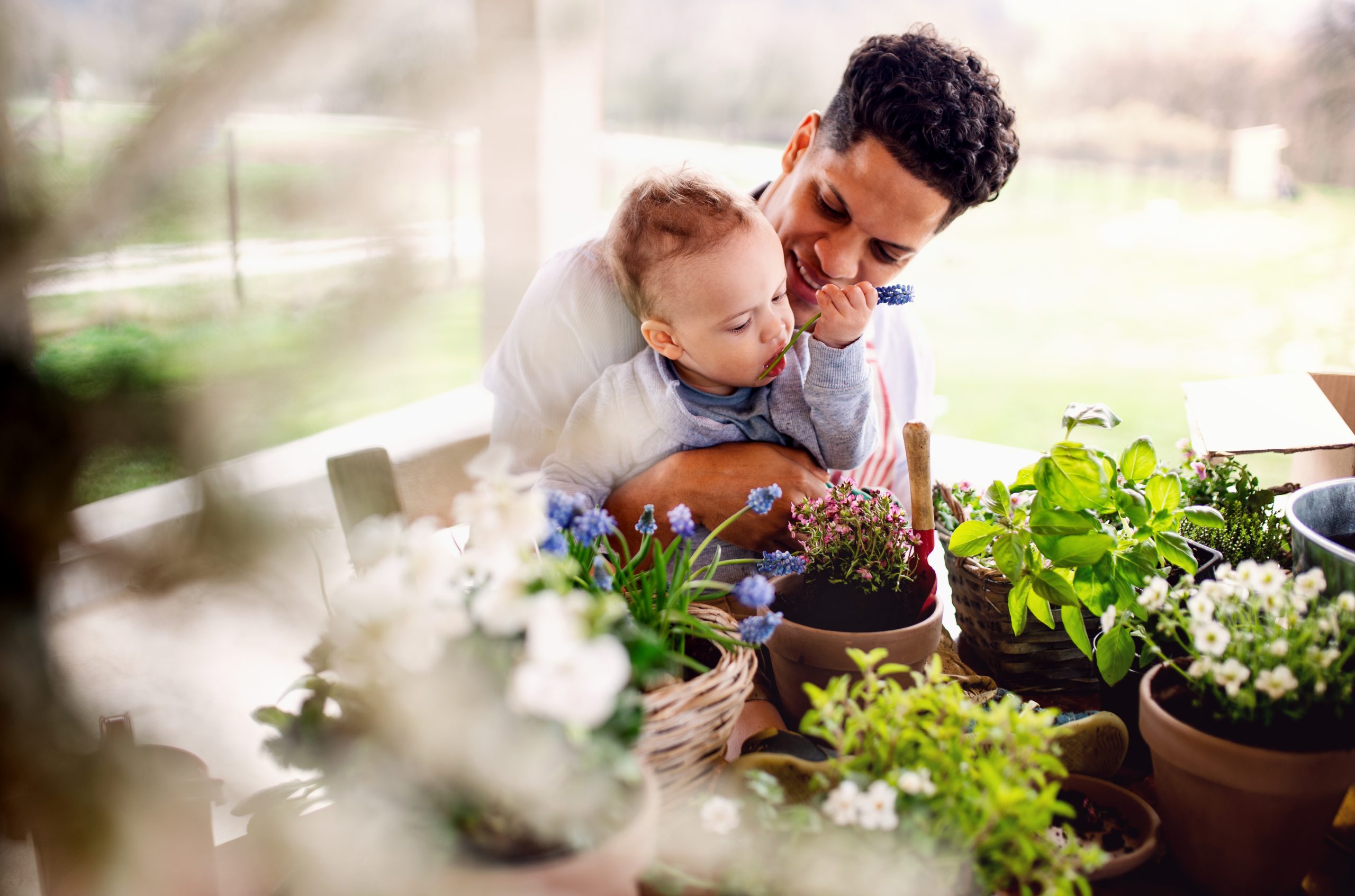pai e filho em momento de relaxamento brincando com plantas e produtos naturais