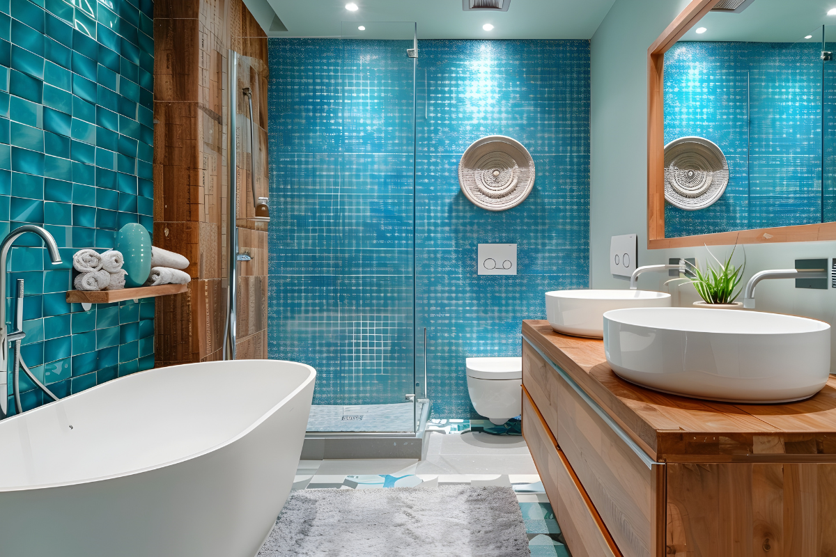 imagem de banheiro azul rustico com ladrilhos azuis na área molhada