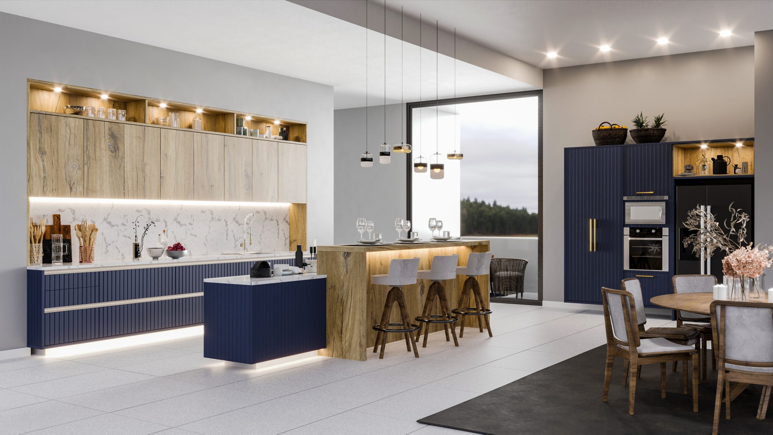 Espaço colorido gourmet integrado com armários da linha Lift em tom de madeira padrão Staf.