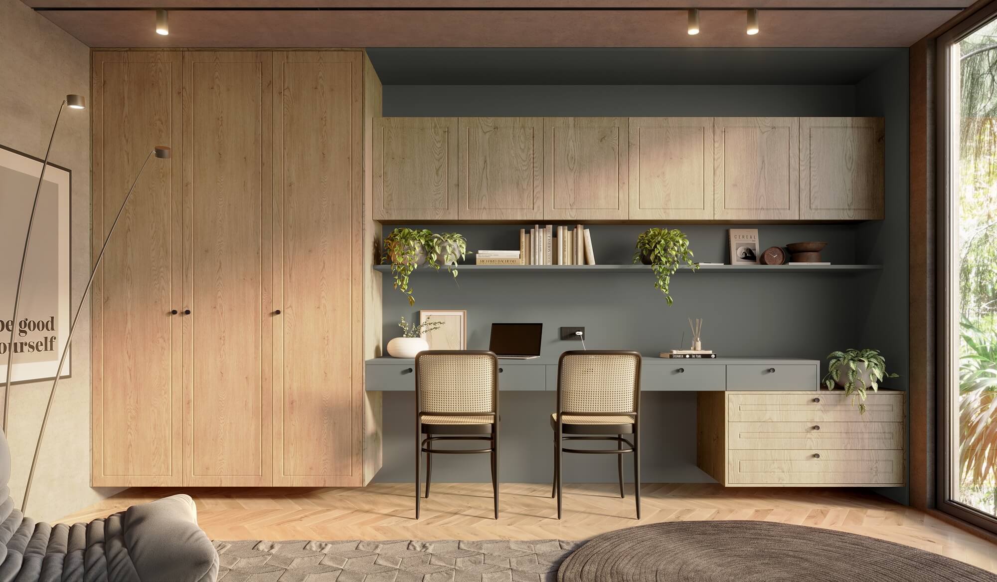 A nova Coleção Zeit da Finger Ambientes Personalizados, oferece uma linha de móveis planejados de alto padrão para ambientes que valorizam o design, o conforto, bem-estar e a funcionalidade. A nova coleção é um convite para experimentar e sentir o tempo e a vida. Home Office e Hobby Space de leitura, com tons cinza esverdeado em composição com tom de madeira claro, estilo que destaca a brasilidade, design afetivo, a arquitetura vernacular e valorização das texturas. Detalhe para as frentes MUNIQUE no padrão NORD de madeira, da linha lacklaminat.