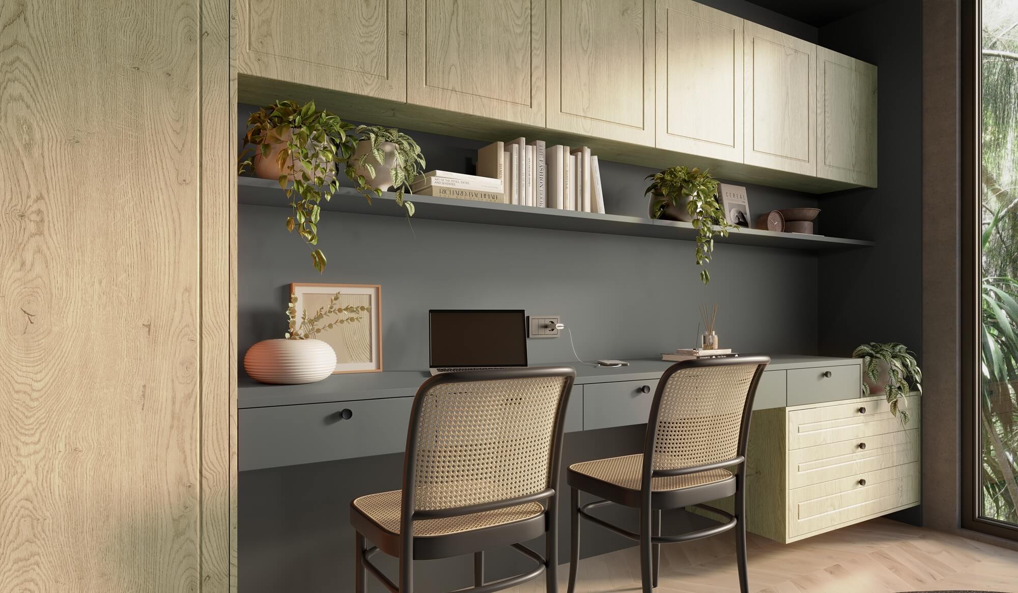 A nova Coleção Zeit da Finger Ambientes Personalizados, oferece uma linha de móveis planejados de alto padrão para ambientes que valorizam o design, o conforto, bem-estar e a funcionalidade. A nova coleção é um convite para experimentar e sentir o tempo e a vida. Home Office e Hobby Space de leitura, com tons cinza esverdeado em composição com tom de madeira claro, estilo que destaca a brasilidade, design afetivo, a arquitetura vernacular e valorização das texturas. Detalhe para as frentes MUNIQUE no padrão NORD de madeira, da linha lacklaminat.