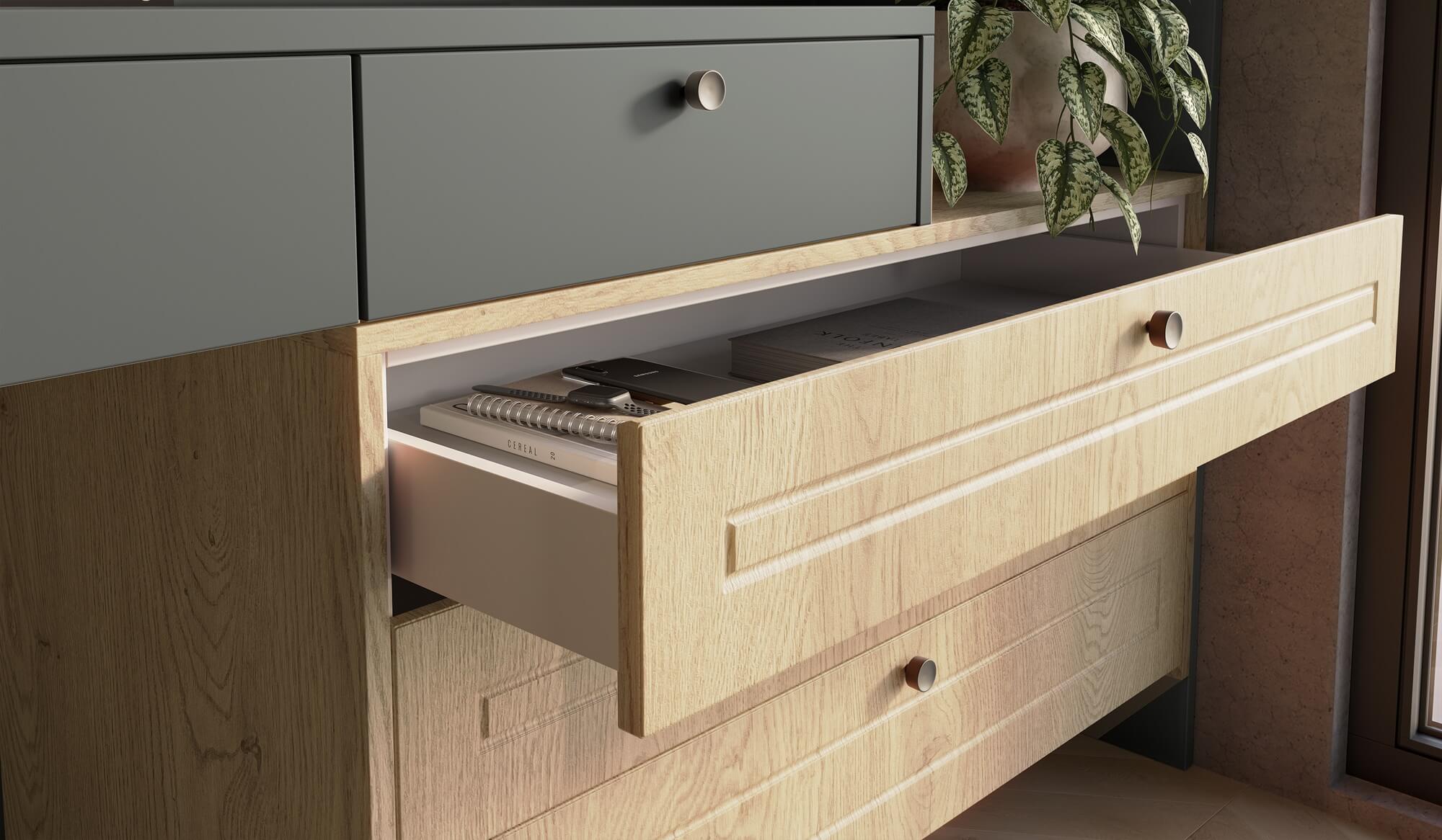 A nova Coleção Zeit da Finger Ambientes Personalizados, oferece uma linha de móveis planejados de alto padrão para ambientes que valorizam o design, o conforto, bem-estar e a funcionalidade. A nova coleção é um convite para experimentar e sentir o tempo e a vida. Home Office e Hobby Space de leitura, com tons cinza esverdeado em composição com tom de madeira claro, estilo que destaca a brasilidade, design afetivo, a arquitetura vernacular e valorização das texturas. Detalhe para as frentes MUNIQUE no padrão NORD de madeira, da linha lacklaminat.