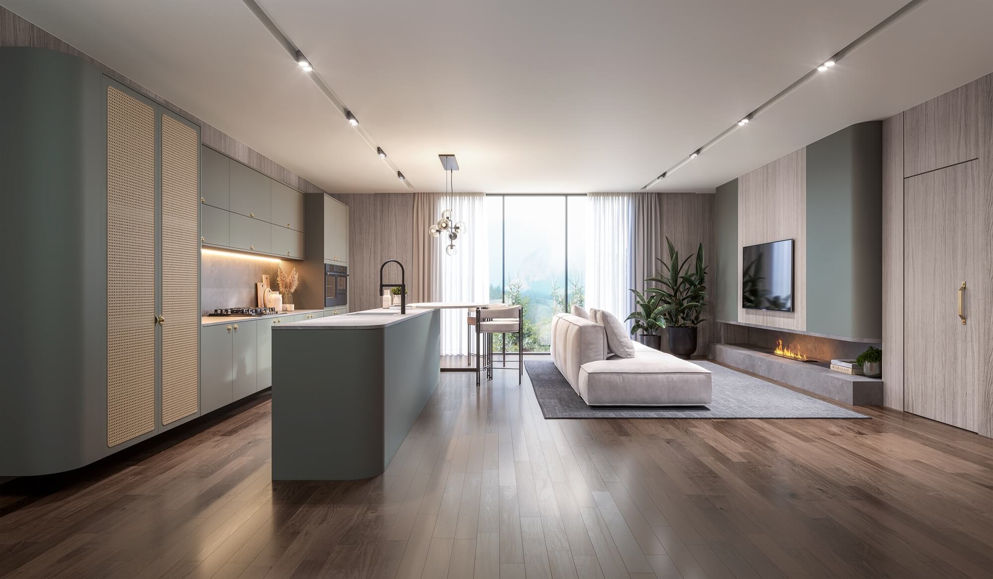 A nova Coleção Zeit da Finger Ambientes Personalizados, oferece uma linha de móveis planejados de alto padrão para ambientes que valorizam o design, o conforto, bem-estar e a funcionalidade. A nova coleção é um convite para experimentar e sentir o tempo e a vida. Cozinha Planejada de alto padrão com ilha e integrada ao living, em tons claros e neutros, estilo que destaca a brasilidade, arquitetura vernacular e valorização das texturas. Destaque para a novidade da porta palha, mesa orgânica para refeições e os móveis arredondados no living e na cozinha. Sala com lareira. Porta pivotante mimetizada.