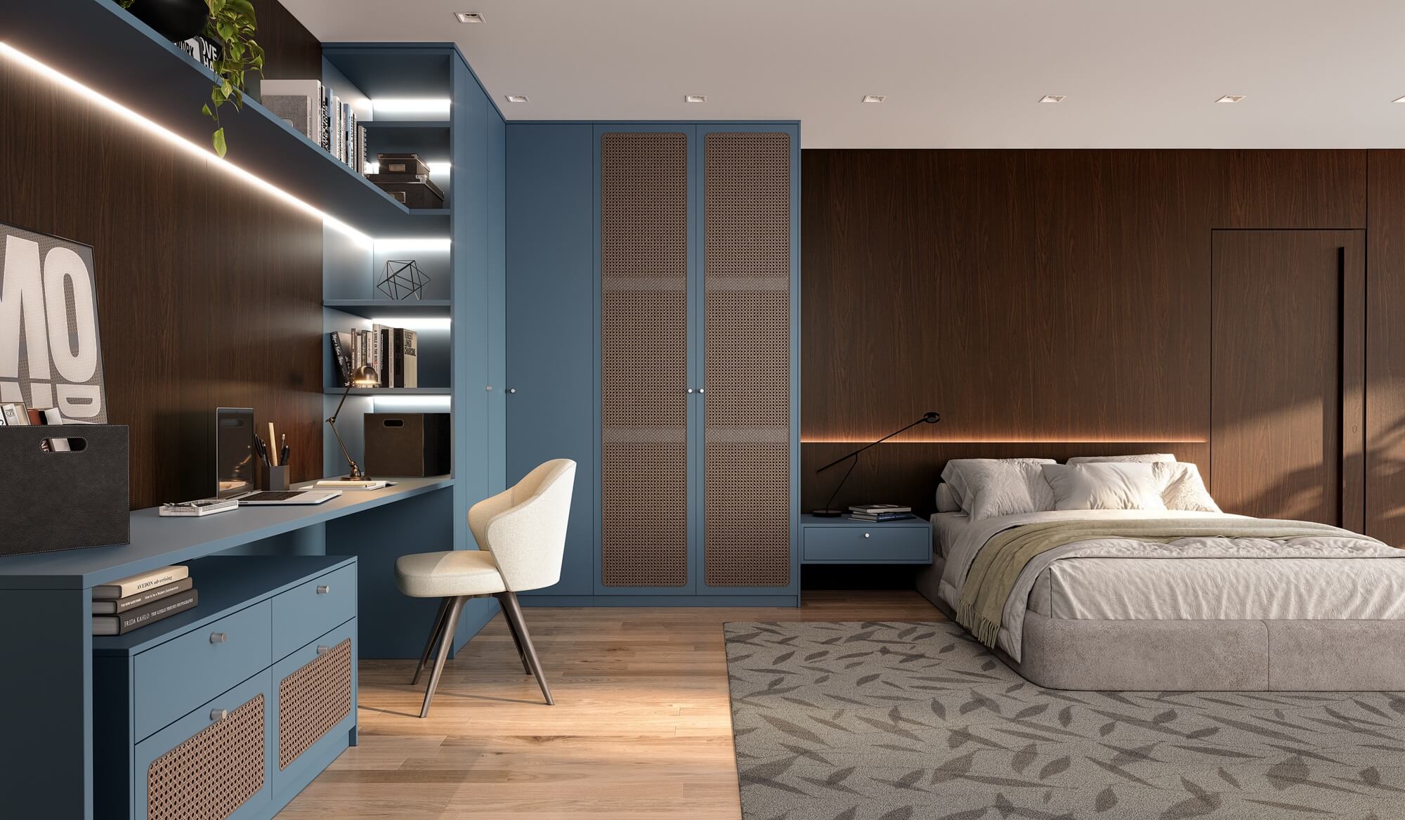 A nova Coleção Zeit da Finger Ambientes Personalizados, oferece uma linha de móveis planejados de alto padrão para ambientes que valorizam o design, o conforto, bem-estar e a funcionalidade. A nova coleção é um convite para experimentar e sentir o tempo e a vida. Dormitório Jovem com cama de casal, em tom de madeira com azul, estilo que destaca a brasilidade, arquitetura vernacular e valorização das texturas. Destaque para a porta palha com visual inteiro, a iluminação embutida nas prateleiras e porta pivotante mimetizada no ambiente. ambiente com área de estudo.