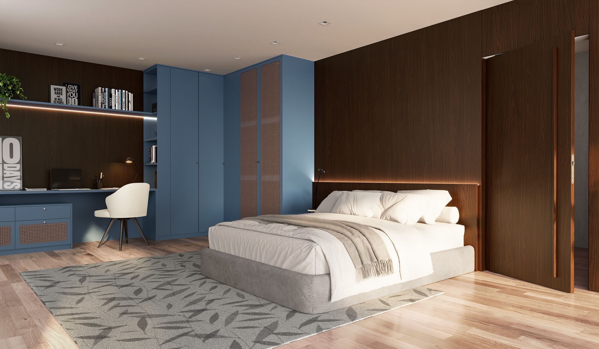 A nova Coleção Zeit da Finger Ambientes Personalizados, oferece uma linha de móveis planejados de alto padrão para ambientes que valorizam o design, o conforto, bem-estar e a funcionalidade. A nova coleção é um convite para experimentar e sentir o tempo e a vida. Dormitório Jovem com cama de casal, em tom de madeira com azul, estilo que destaca a brasilidade, arquitetura vernacular e valorização das texturas. Destaque para a porta palha com visual inteiro, a iluminação embutida nas prateleiras e porta pívotante mimetizada no ambiente.