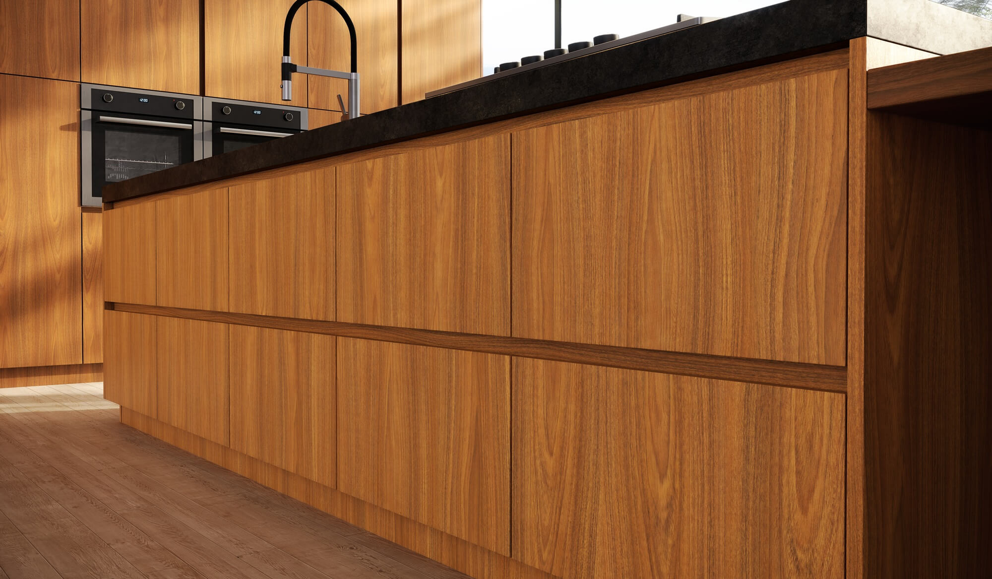 A nova Coleção Zeit da Finger Ambientes Personalizados, oferece uma linha de móveis planejados de alto padrão para ambientes que valorizam o design, o conforto, bem-estar e a funcionalidade. A nova coleção é um convite para experimentar e sentir o tempo e a vida. Cozinha Planejada de alto padrão com ilha, utilizando o padrão FREIJÓ, uma clássica madeira brasileira, estilo que destaca a brasilidade, arquitetura vernacular e valorização das texturas. Destaque para a novidade do puxador embutido no móvel Handless, criando minimalismo pro ambiente, a iluminação embutida nas prateleiras. Ambiente com forte integração com a natureza que permeia o ambiente através da janela e vegetação