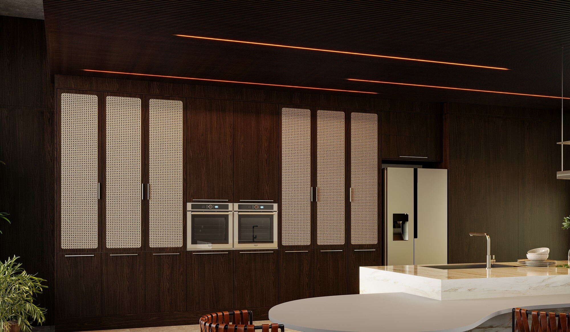 A nova Coleção Zeit da Finger Ambientes Personalizados, oferece uma linha de móveis planejados de alto padrão para ambientes que valorizam o design, o conforto, bem-estar e a funcionalidade. A nova coleção é um convite para experimentar e sentir o tempo e a vida. Cozinha Planejada de alto padrão com ilha, tons escuros, com madeira, estilo que destaca a brasilidade, arquitetura vernacular e valorização das texturas. Destaque para a novidade da porta palha, mesa orgânica para refeições e o revestimento completo do ambiente e teto com o padrão Kastanie.