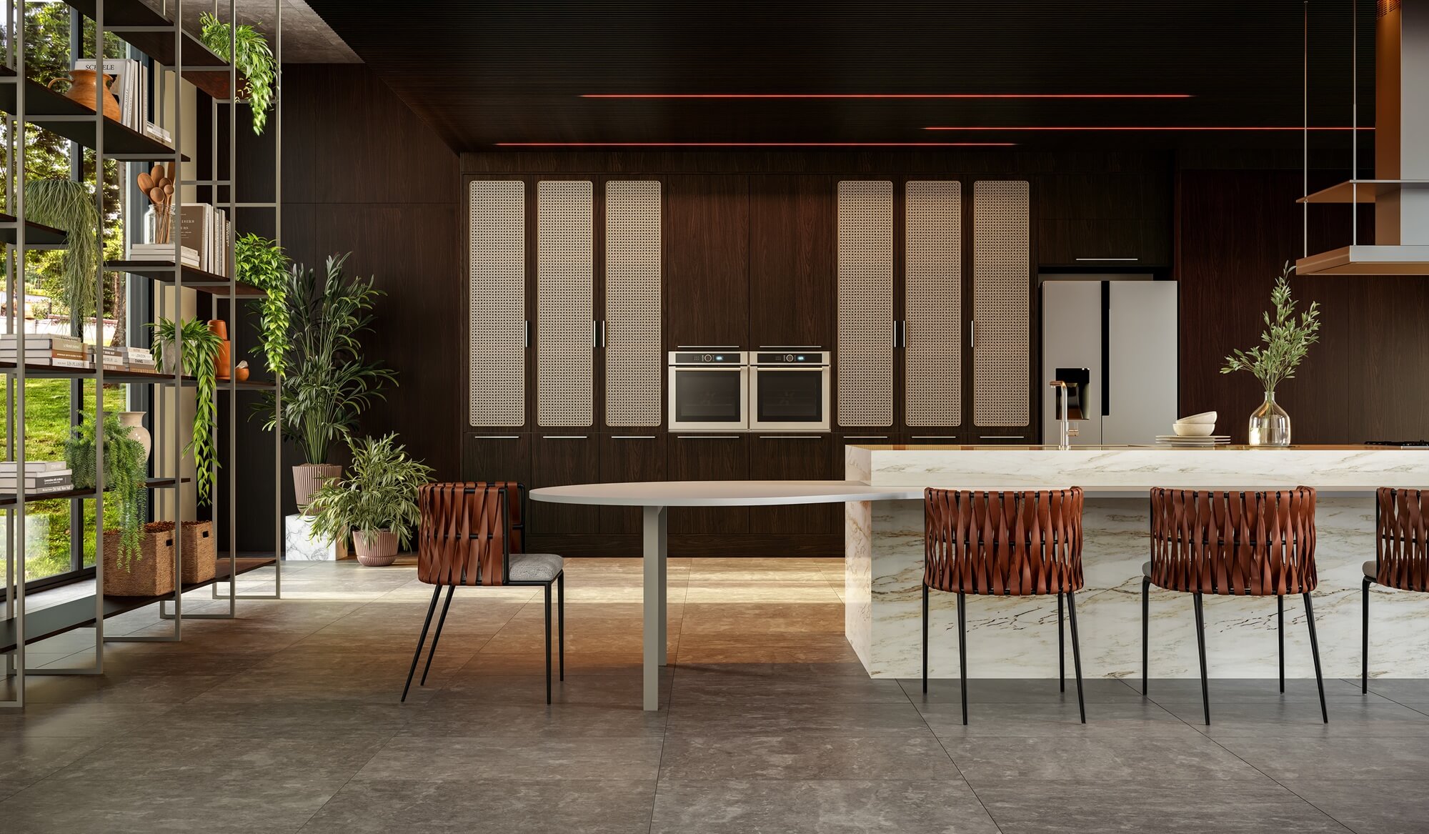 A nova Coleção Zeit da Finger Ambientes Personalizados, oferece uma linha de móveis planejados de alto padrão para ambientes que valorizam o design, o conforto, bem-estar e a funcionalidade. A nova coleção é um convite para experimentar e sentir o tempo e a vida. Cozinha Planejada de alto padrão com ilha, tons escuros, com madeira, estilo que destaca a brasilidade, arquitetura vernacular e valorização das texturas. Destaque para a novidade da porta palha, mesa orgânica para refeições e o revestimento completo do ambiente e teto com o padrão Kastanie. Ambiente com forte integração com a natureza que permeia o ambiente através da janela e vegetação