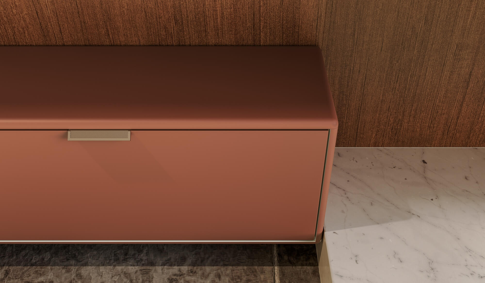 A nova Coleção Zeit da Finger Ambientes Personalizados, oferece uma linha de móveis planejados de alto padrão para ambientes que valorizam o design, o conforto, bem-estar e a funcionalidade. A nova coleção é um convite para experimentar e sentir o tempo e a vida. Esse ambiente mostra um living amplo, de alto padrão em tom de madeira média com equilíbrio do padrão bege claro e terracota, estilo que destaca a brasilidade, design afetivo, a arquitetura vernacular e valorização das texturas. Detalhe para a composição do tampo FLOW, que traz o detalhe orgânico e arredondado.