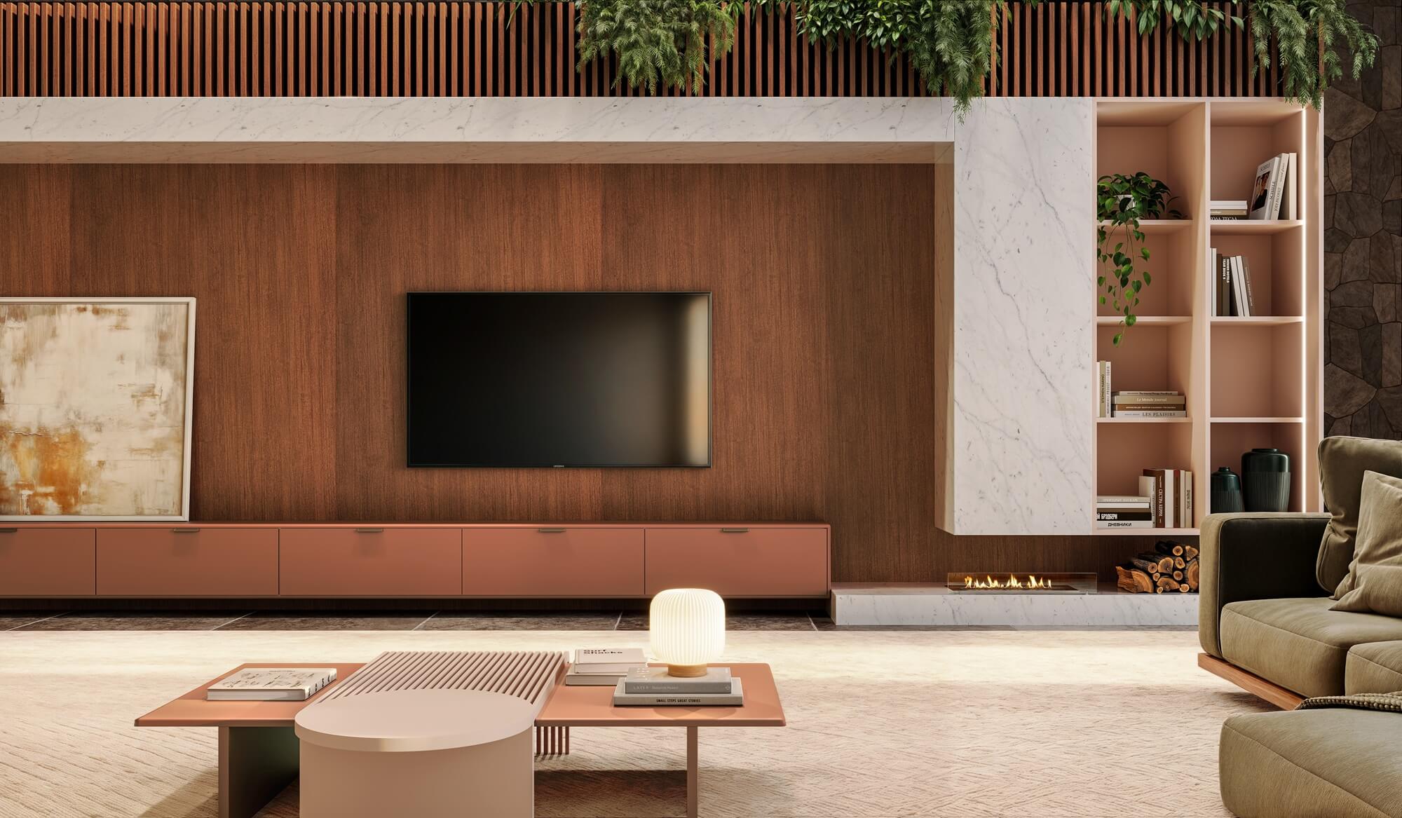 A nova Coleção Zeit da Finger Ambientes Personalizados, oferece uma linha de móveis planejados de alto padrão para ambientes que valorizam o design, o conforto, bem-estar e a funcionalidade. A nova coleção é um convite para experimentar e sentir o tempo e a vida. Esse ambiente mostra um living amplo, de alto padrão em tom de madeira média com equilíbrio do padrão bege claro e terracota, estilo que destaca a brasilidade, design afetivo, a arquitetura vernacular e valorização das texturas. Detalhe para a composição do tampo FLOW, que traz o detalhe orgânico e arredondado.