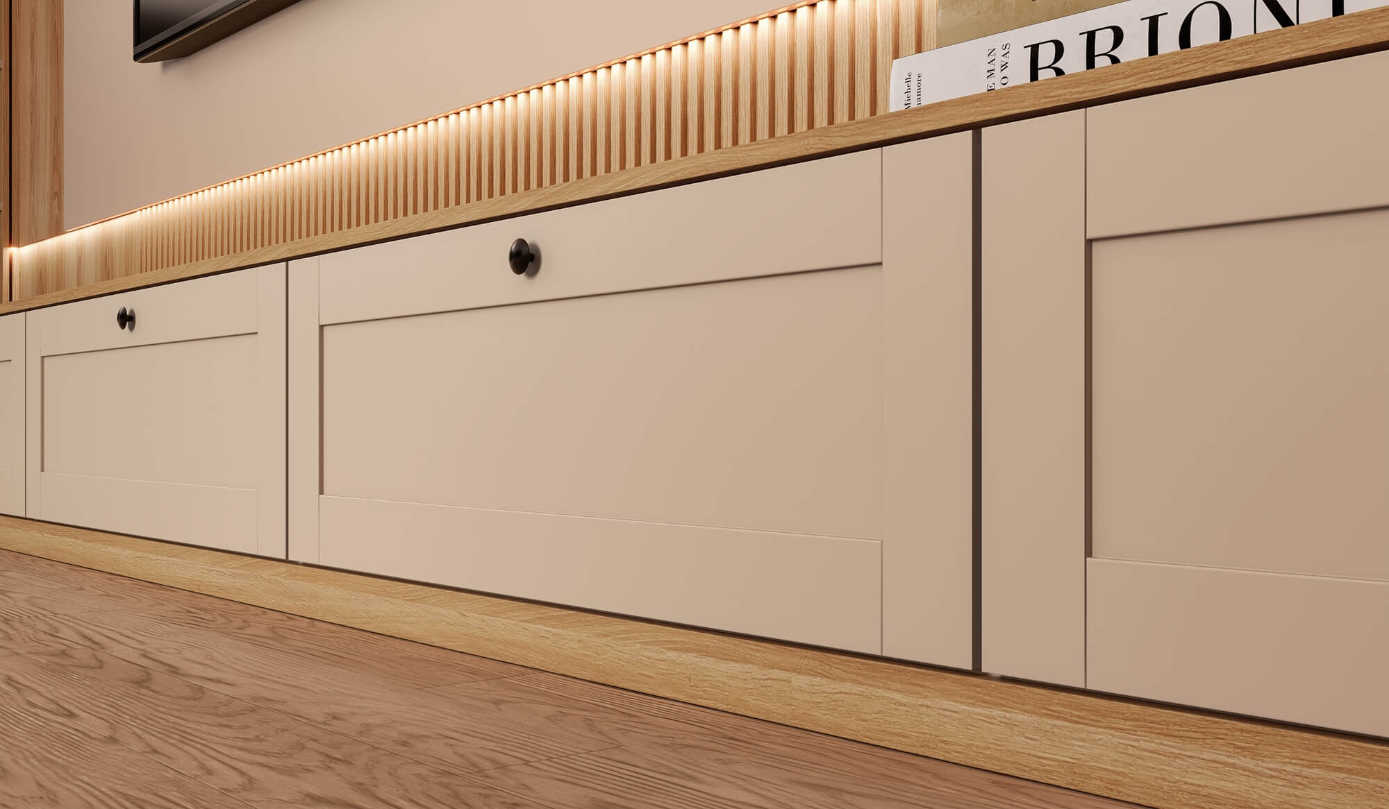 A nova Coleção Zeit da Finger Ambientes Personalizados, oferece uma linha de móveis planejados de alto padrão para ambientes que valorizam o design, o conforto, bem-estar e a funcionalidade. A nova coleção é um convite para experimentar e sentir o tempo e a vida. Esse ambiente mostra um living amplo, de alto padrão em tom de madeira média com equilíbrio do padrão bege claro, estilo que destaca a brasilidade, design afetivo, a arquitetura vernacular e valorização das texturas. Detalhe para o ripado da linha CHARMANT em madeira, que dá o toque final com a composição das portas shaker. O detalhe fica por conta do móvel giratório FURN SPIN, que traz tecnologia para o mobiliário. Casas Inteligentes.