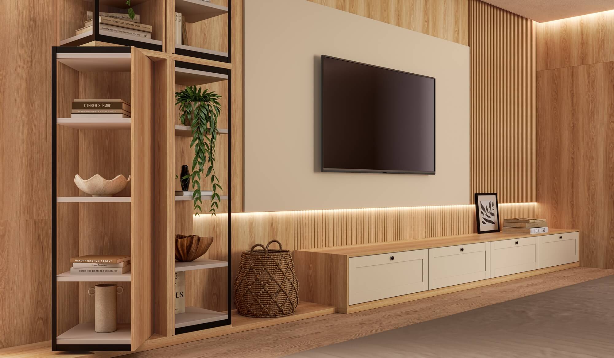 A nova Coleção Zeit da Finger Ambientes Personalizados, oferece uma linha de móveis planejados de alto padrão para ambientes que valorizam o design, o conforto, bem-estar e a funcionalidade. A nova coleção é um convite para experimentar e sentir o tempo e a vida. Esse ambiente mostra um living amplo, de alto padrão em tom de madeira média com equilíbrio do padrão bege claro, estilo que destaca a brasilidade, design afetivo, a arquitetura vernacular e valorização das texturas. Detalhe para o ripado da linha CHARMANT em madeira, que dá o toque final com a composição das portas shaker. O detalhe fica por conta do móvel giratório FURN SPIN, que traz tecnologia para o mobiliário. Casas Inteligentes.