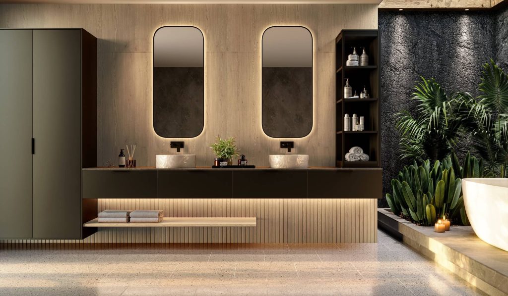 A nova Coleção Zeit da Finger Ambientes Personalizados, oferece uma linha de móveis planejados de alto padrão para ambientes que valorizam o design, o conforto, bem-estar e a funcionalidade. A nova coleção é um convite para experimentar e sentir o tempo e a vida. Esse ambiente mostra um banheiro com cuba dupla, banheira, área de SPA, e um móvel amplo alto para armazenar os itens de higiene, estilo que destaca a brasilidade, design afetivo, a arquitetura vernacular e valorização das texturas. Detalhe para o ripado da linha LIFT em madeira, que dá o toque final. A composição de cores traz uma madeira de tom médio com preto, o que enobrece o ambiente. O detalhe fica por conta do móvel giratório FURN SPIN, que traz tecnologia para o mobiliário. Casas Inteligentes.