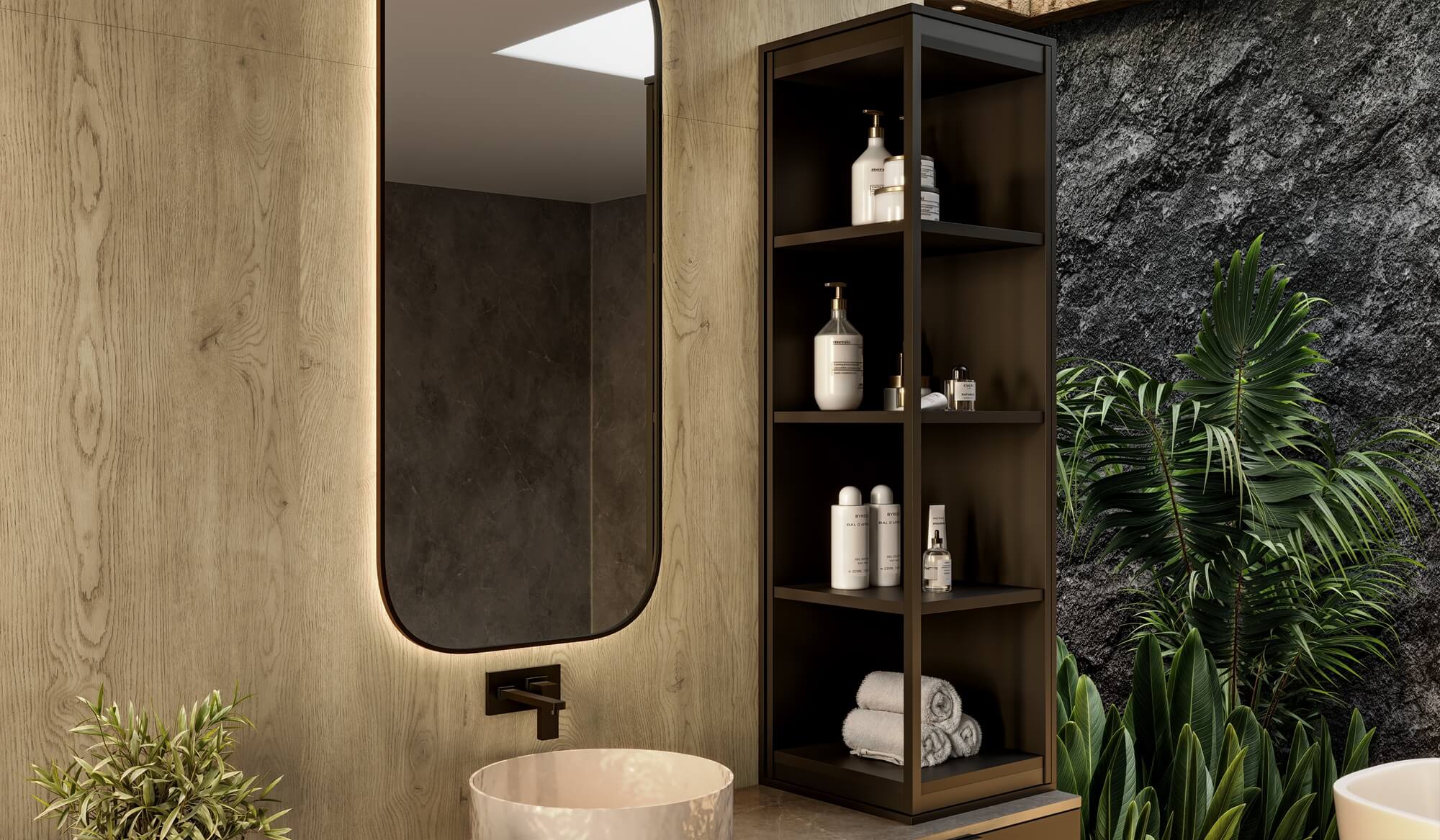 A nova Coleção Zeit da Finger Ambientes Personalizados, oferece uma linha de móveis planejados de alto padrão para ambientes que valorizam o design, o conforto, bem-estar e a funcionalidade. A nova coleção é um convite para experimentar e sentir o tempo e a vida. Esse ambiente mostra um banheiro com cuba dupla, banheira, área de SPA, e um móvel amplo alto para armazenar os itens de higiene, estilo que destaca a brasilidade, design afetivo, a arquitetura vernacular e valorização das texturas. Detalhe para o ripado da linha LIFT em madeira, que dá o toque final. A composição de cores traz uma madeira de tom médio com preto, o que enobrece o ambiente. O detalhe fica por conta do móvel giratório FURN SPIN, que traz tecnologia para o mobiliário. Casas Inteligentes.