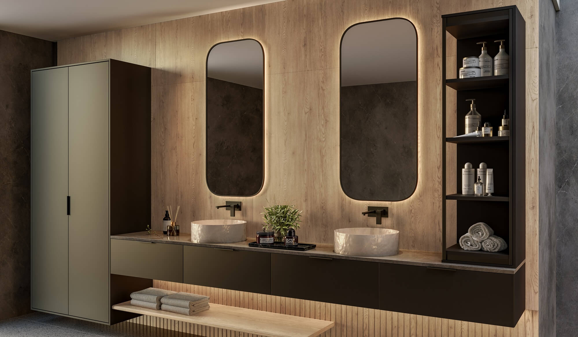 A nova Coleção Zeit da Finger Ambientes Personalizados, oferece uma linha de móveis planejados de alto padrão para ambientes que valorizam o design, o conforto, bem-estar e a funcionalidade. A nova coleção é um convite para experimentar e sentir o tempo e a vida. Esse ambiente mostra um banheiro com cuba dupla, banheira, área de SPA, e um móvel amplo alto para armazenar os itens de higiene, estilo que destaca a brasilidade, design afetivo, a arquitetura vernacular e valorização das texturas. Detalhe para o ripado da linha LIFT em madeira, que dá o toque final. A composição de cores traz uma madeira de tom médio com preto, o que enobrece o ambiente. O detalhe fica por conta do móvel giratório FURN SPIN, que traz tecnologia para o mobiliário. Casas Inteligentes.