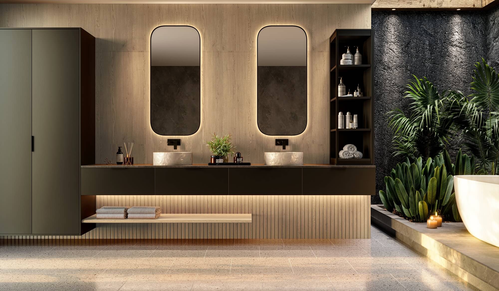 A nova Coleção Zeit da Finger Ambientes Personalizados, oferece uma linha de móveis planejados de alto padrão para ambientes que valorizam o design, o conforto, bem-estar e a funcionalidade. A nova coleção é um convite para experimentar e sentir o tempo e a vida. Esse ambiente mostra um banheiro com cuba dupla, banheira, área de SPA, e um móvel amplo alto para armazenar os itens de higiene, estilo que destaca a brasilidade, design afetivo, a arquitetura vernacular e valorização das texturas. Detalhe para o ripado da linha LIFT em madeira, que dá o toque final. A composição de cores traz uma madeira de tom médio com preto, o que enobrece o ambiente. O detalhe fica por conta do móvel giratório FURN SPIN, que traz tecnologia para o mobiliário. Casas Inteligentes.