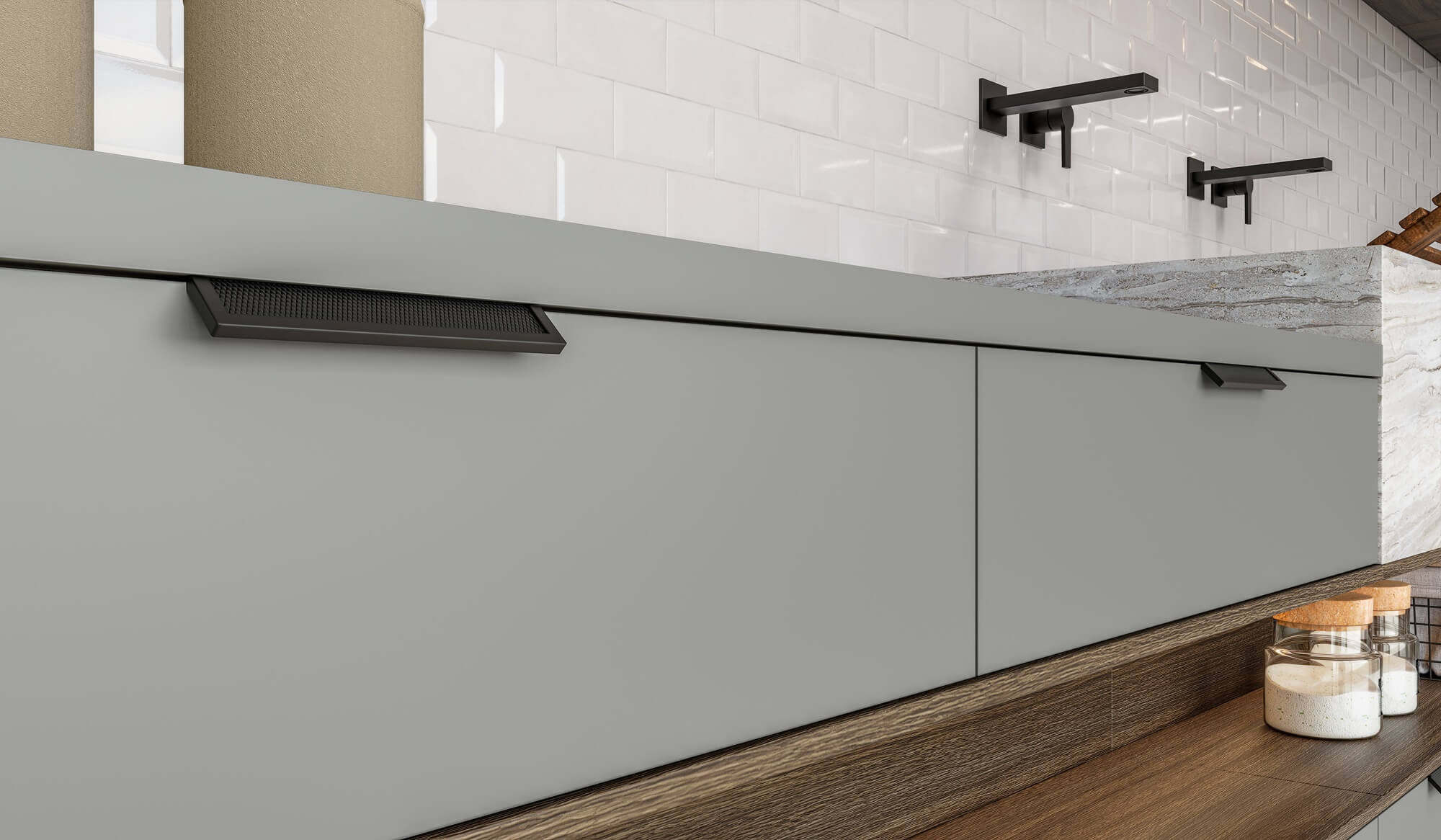 A nova Coleção Zeit da Finger Ambientes Personalizados, oferece uma linha de móveis planejados de alto padrão para ambientes que valorizam o design, o conforto, bem-estar e a funcionalidade. A nova coleção é um convite para experimentar e sentir o tempo e a vida. Esse ambiente mostra uma lavanderia planejada sofisticada, com dois tanques, duas máquinas de lavar, cabides para roupas passadas e espaço para trabalho e armazenar os itens de higiene, estilo que destaca a brasilidade, design afetivo, a arquitetura vernacular e valorização das texturas. Detalhe para a iluminação embutida nas prateleiras. A composição de cores traz uma madeira mais escura cheio de personalidade com o padrão mais neutro Moos, cinza com fundo esverdeado, fazendo uma conexão com a natureza. Detalhe do puxador da ZEN citizen, sobreposto a frente;