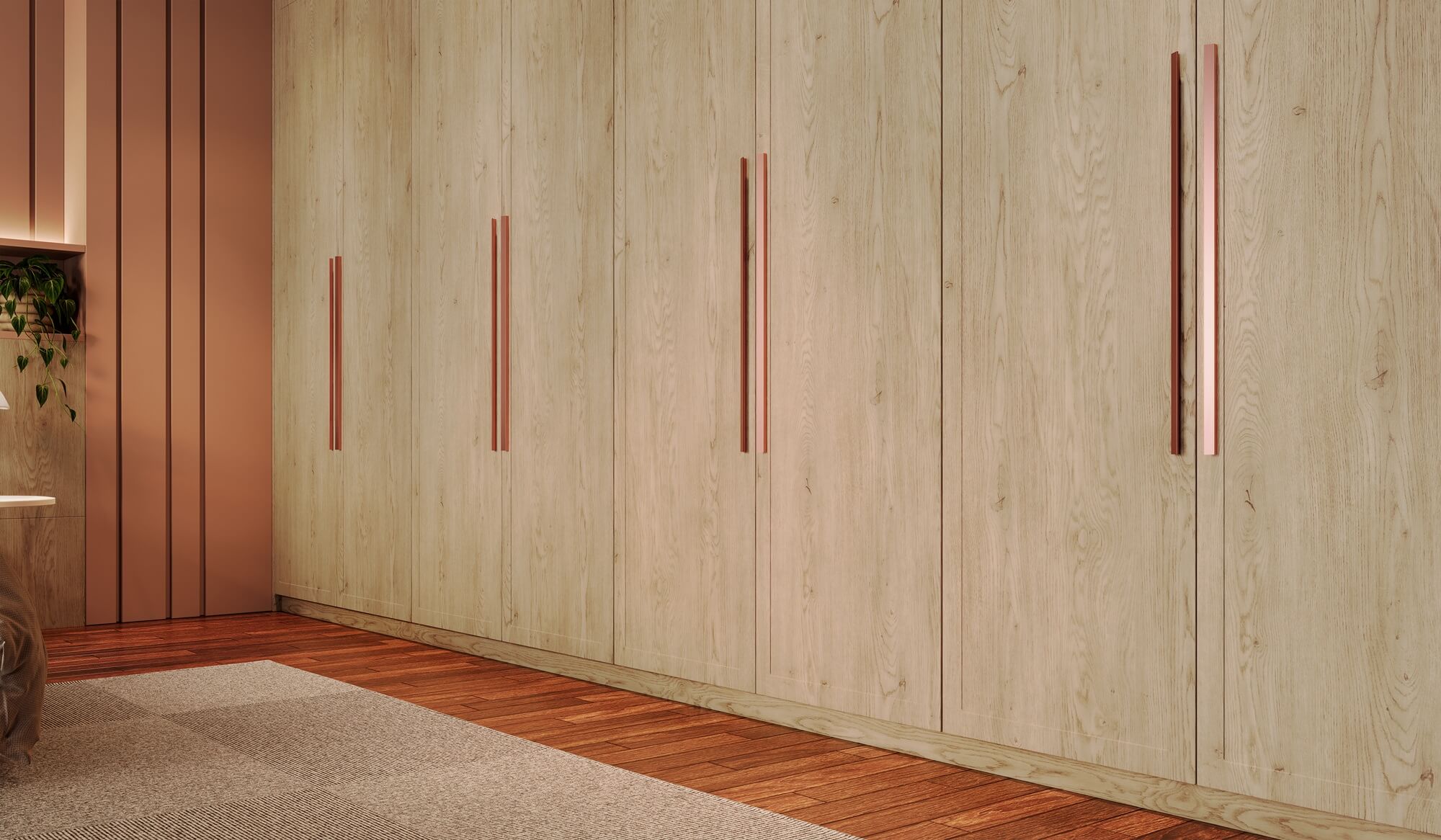 A nova Coleção Zeit da Finger Ambientes Personalizados, oferece uma linha de móveis planejados de alto padrão para ambientes que valorizam o design, o conforto, bem-estar e a funcionalidade. A nova coleção é um convite para experimentar e sentir o tempo e a vida. Esse ambiente mostra um dormitório de casal, com roupeiro em tons de madeira clara mais rústica, estilo que destaca a brasilidade, design afetivo, a arquitetura vernacular e valorização das texturas. Detalhe para a iluminação embutida nos roupeiros na parte interna, e nas portas COTTAGE que trazem o ar do campo para o projeto de forma sofisticada. O ambiente tem a forte presença da biofilia, através da natureza que permeia o ambiente através das grandes janelas.