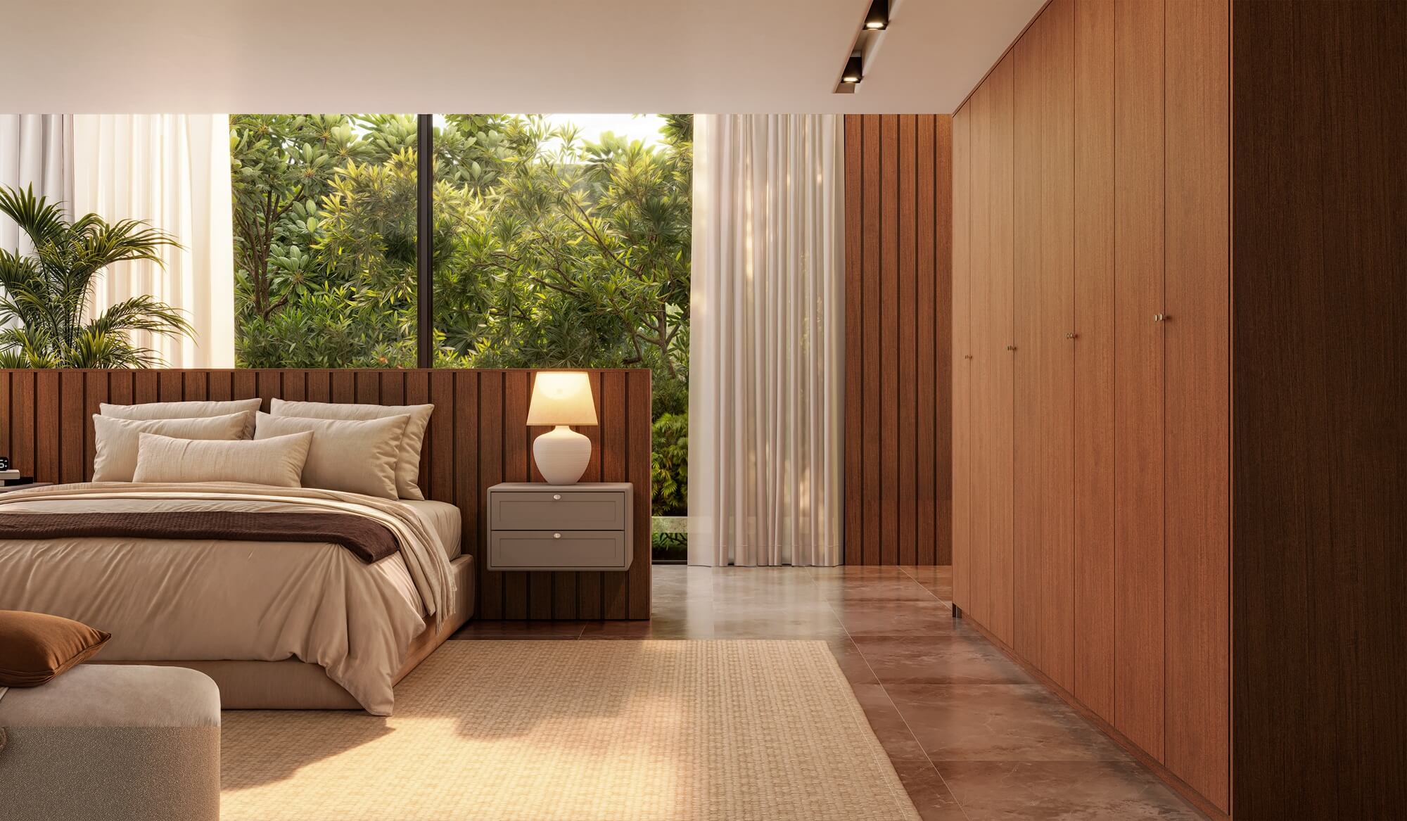 A nova Coleção Zeit da Finger Ambientes Personalizados, oferece uma linha de móveis planejados de alto padrão para ambientes que valorizam o design, o conforto, bem-estar e a funcionalidade. A nova coleção é um convite para experimentar e sentir o tempo e a vida. Esse ambiente mostra um dormitório de casal, com roupeiro em tons de madeira mais escura, linheira que destacam a sofisticação do ambiente, estilo que destaca a brasilidade, design afetivo, a arquitetura vernacular e valorização das texturas. Detalhe nos tampos da linha FLOW que fazem o arredondado sutil para a mesa de cabeceira. O ambiente tem a forte presença da biofilia, através da natureza que permeia o ambiente através das grandes janelas.