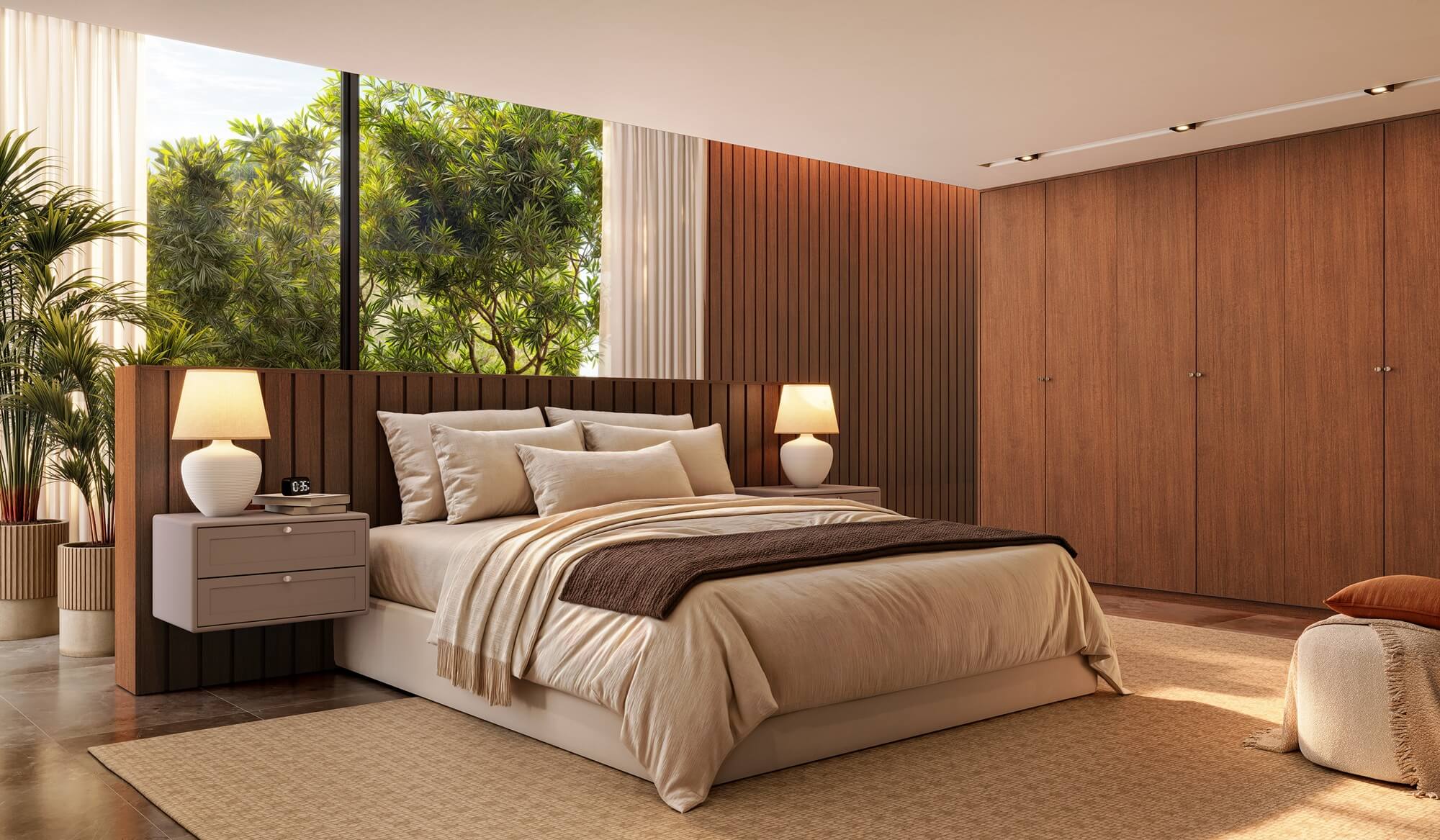 A nova Coleção Zeit da Finger Ambientes Personalizados, oferece uma linha de móveis planejados de alto padrão para ambientes que valorizam o design, o conforto, bem-estar e a funcionalidade. A nova coleção é um convite para experimentar e sentir o tempo e a vida. Esse ambiente mostra um dormitório de casal, com roupeiro em tons de madeira mais escura, linheira que destacam a sofisticação do ambiente, estilo que destaca a brasilidade, design afetivo, a arquitetura vernacular e valorização das texturas. Detalhe nos tampos da linha FLOW que fazem o arredondado sutil para a mesa de cabeceira. O ambiente tem a forte presença da biofilia, através da natureza que permeia o ambiente através das grandes janelas.