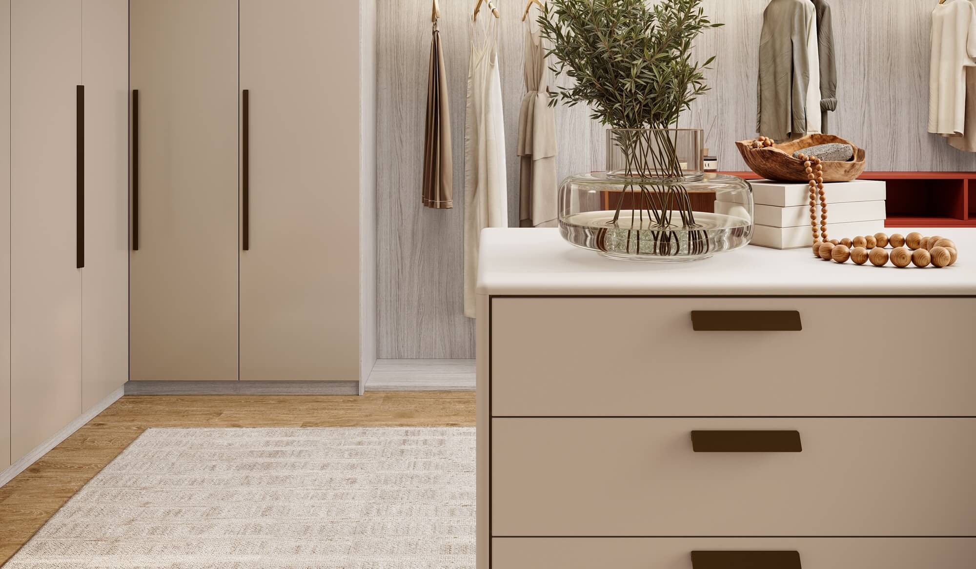 A nova Coleção Zeit da Finger Ambientes Personalizados, oferece uma linha de móveis planejados de alto padrão para ambientes que valorizam o design, o conforto, bem-estar e a funcionalidade. A nova coleção é um convite para experimentar e sentir o tempo e a vida. Esse ambiente mostra um CLOSET personalizado, mesclando closet aberto e fechado, em tons claros com ponto de cor para destacar e trazer um ar mais delicado ao closet feminino, estilo que destaca a brasilidade, design afetivo, a arquitetura vernacular e valorização das texturas. Detalhe nos tampos da linha FLOW que fazem o arredondado sutil para ilha central do closet.