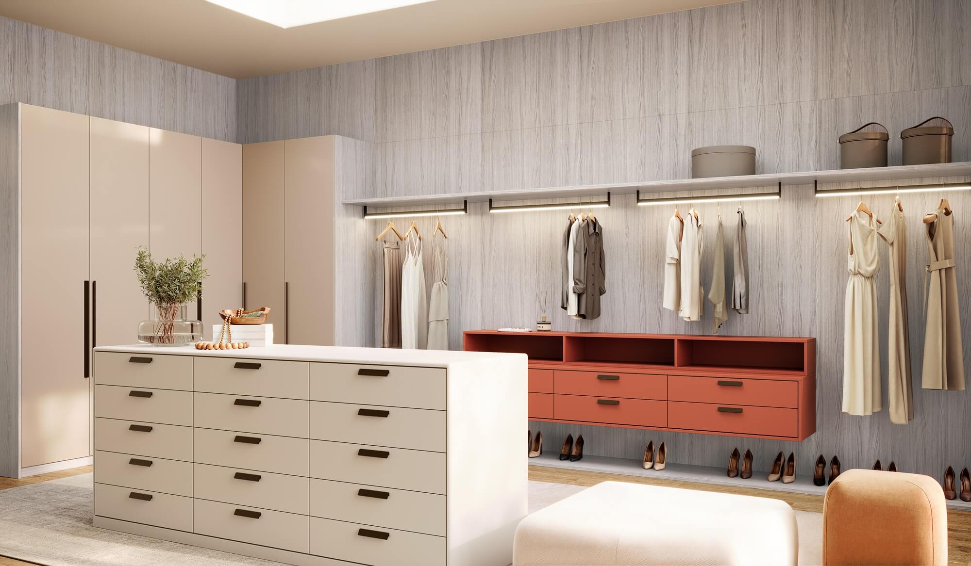 A nova Coleção Zeit da Finger Ambientes Personalizados, oferece uma linha de móveis planejados de alto padrão para ambientes que valorizam o design, o conforto, bem-estar e a funcionalidade. A nova coleção é um convite para experimentar e sentir o tempo e a vida. Esse ambiente mostra um CLOSET personalizado, mesclando closet aberto e fechado, em tons claros com ponto de cor para destacar e trazer um ar mais delicado ao closet feminino, estilo que destaca a brasilidade, design afetivo, a arquitetura vernacular e valorização das texturas. Detalhe nos tampos da linha FLOW que fazem o arredondado sutil para ilha central do closet.
